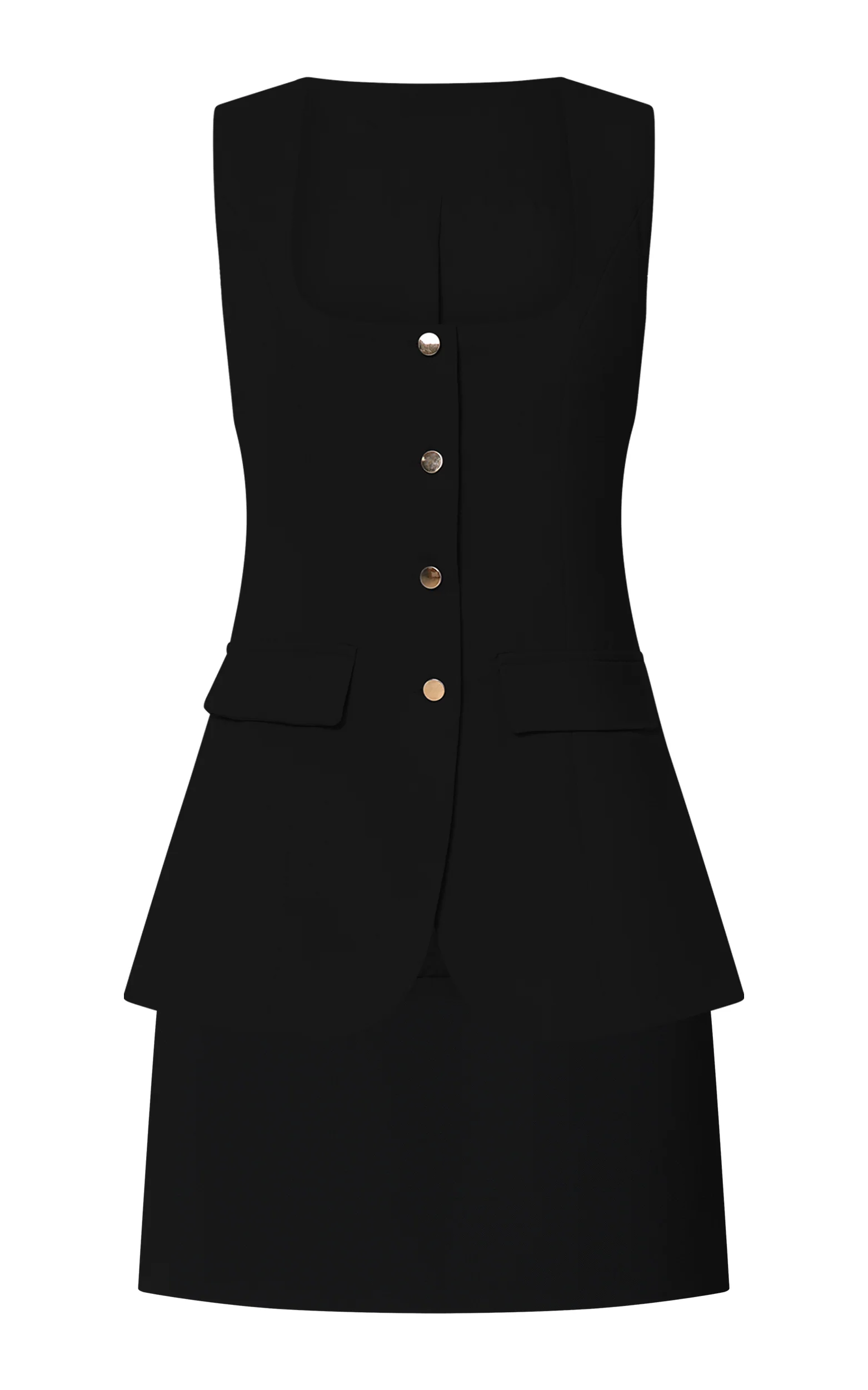 Phyllis Two Piece Set - Tailored Scoop Neck Vest Top and A Line Mini Skirt Set with Gold Buttons in Black - Image 10