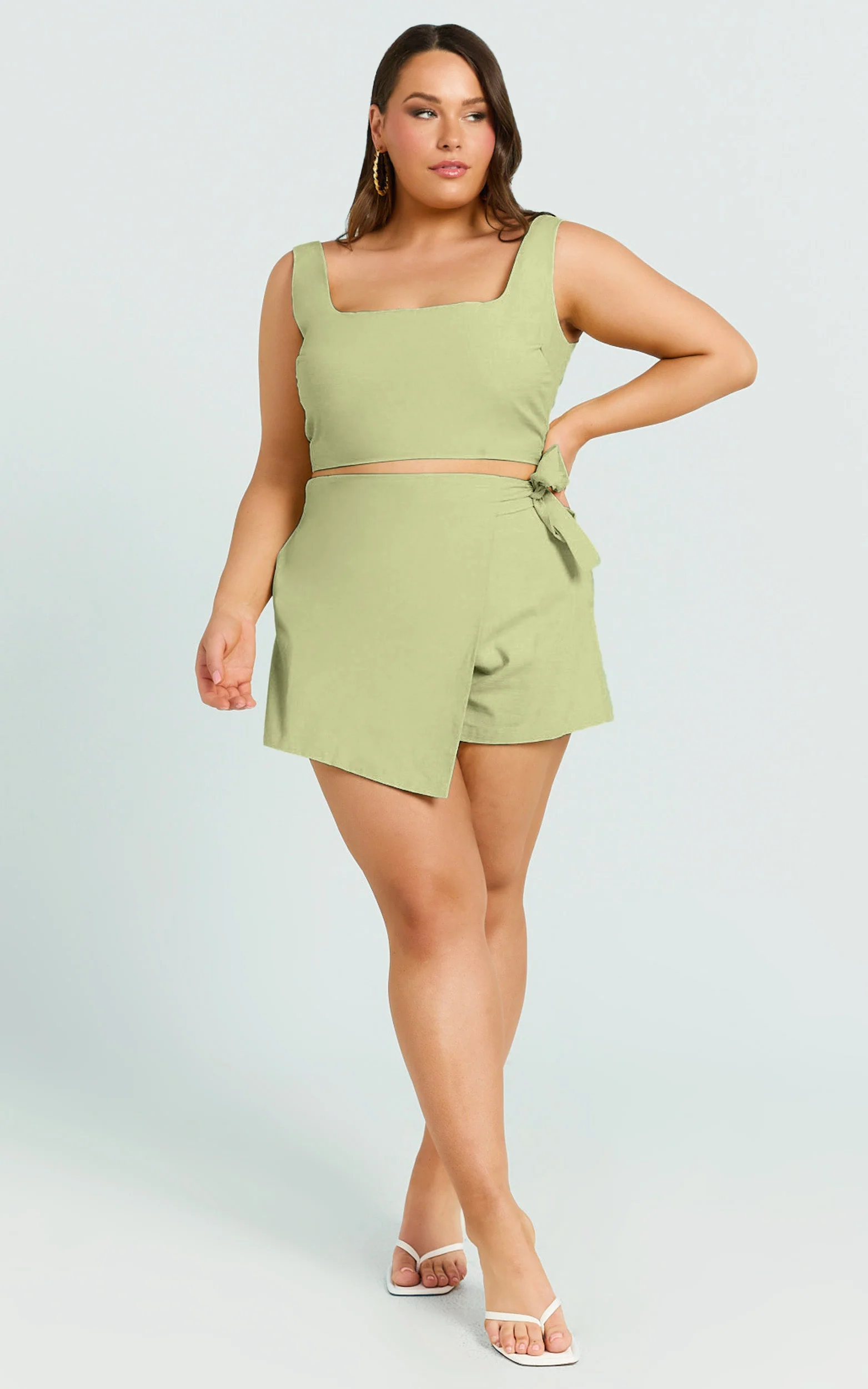 Polina Two Piece Set - Linen Square Neck Crop Top and Tie Waist Skort Set in Sage - Image 4