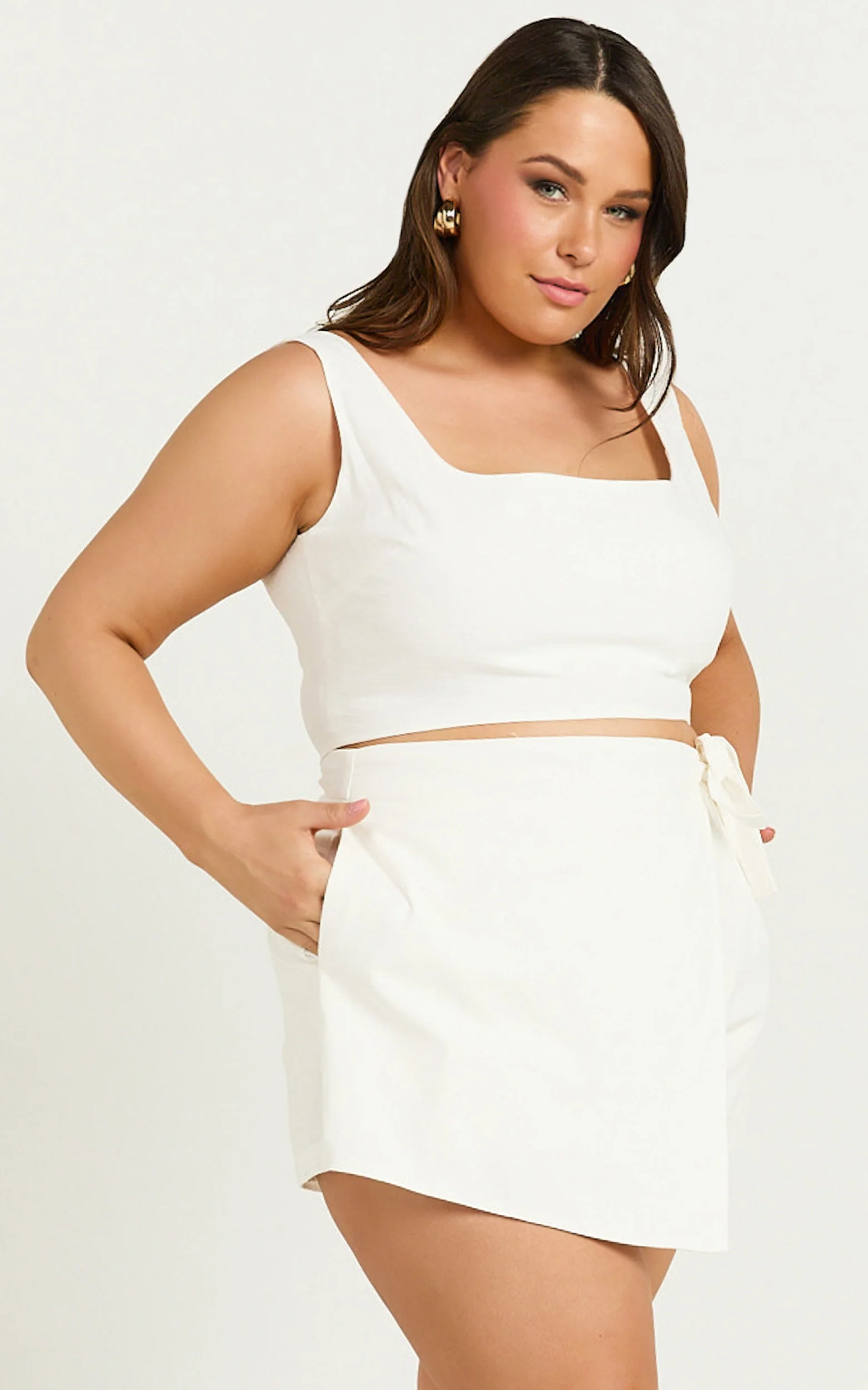 Polina Two Piece Set - Linen Square Neck Crop Top and Tie Waist Skort Set in White - Image 9