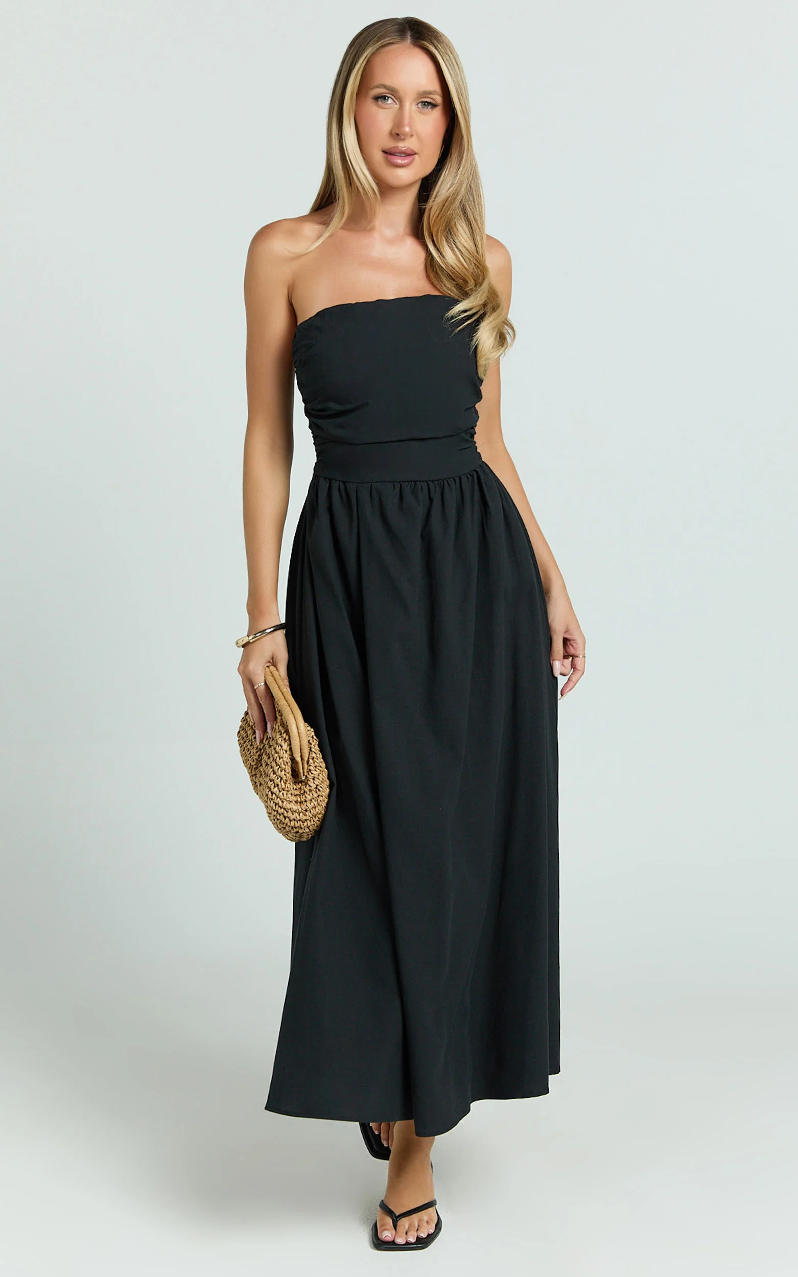 Polly Midi Dress - Strapless Ruched Dress in Black - Image 4