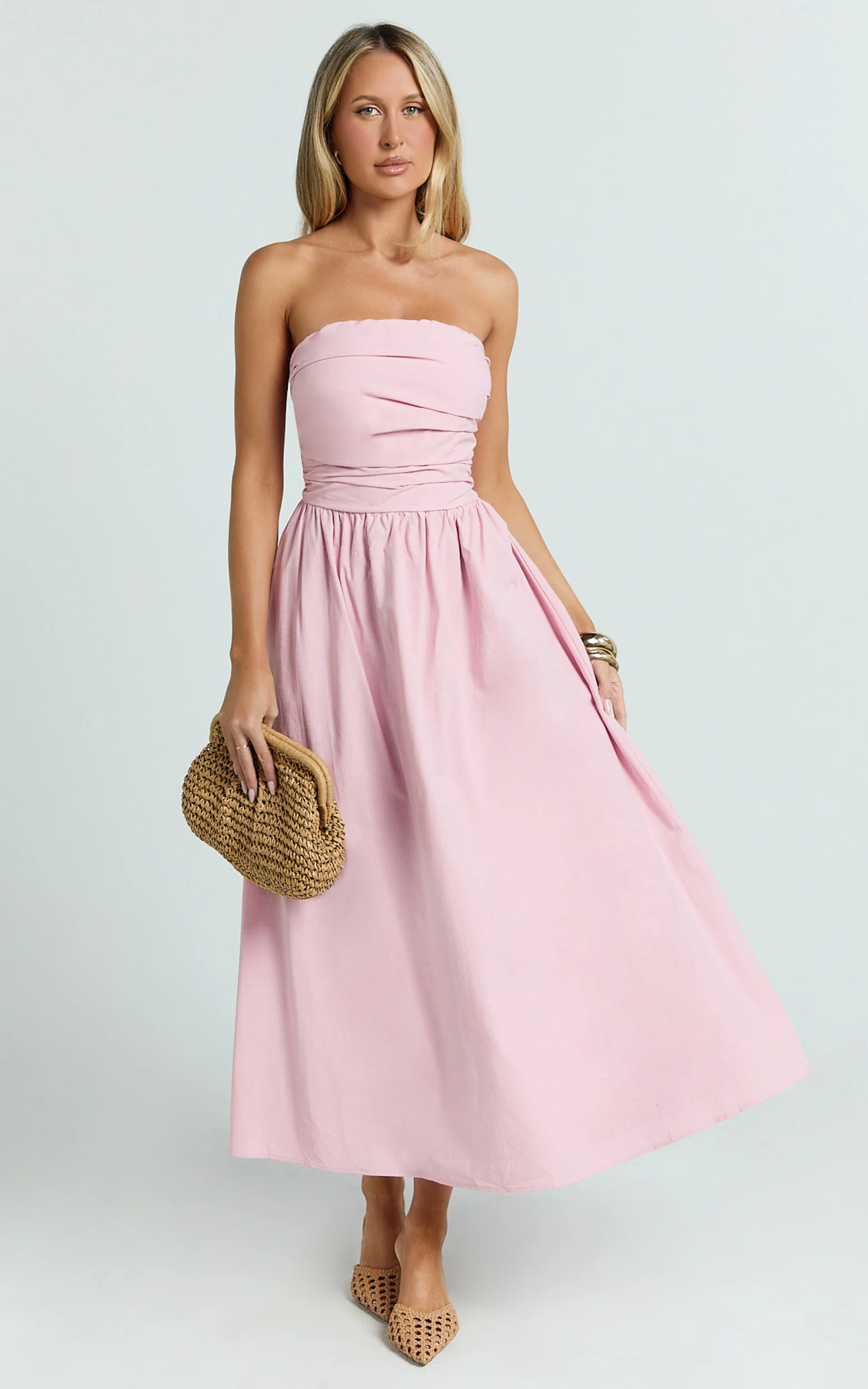 Polly Midi Dress - Strapless Ruched Dress in Pink