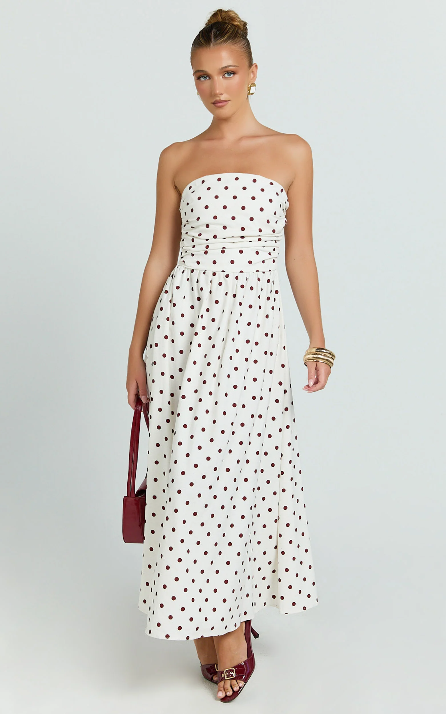 Polly Midi Dress - Strapless Ruched Dress in Red Polka Dot - Image 3