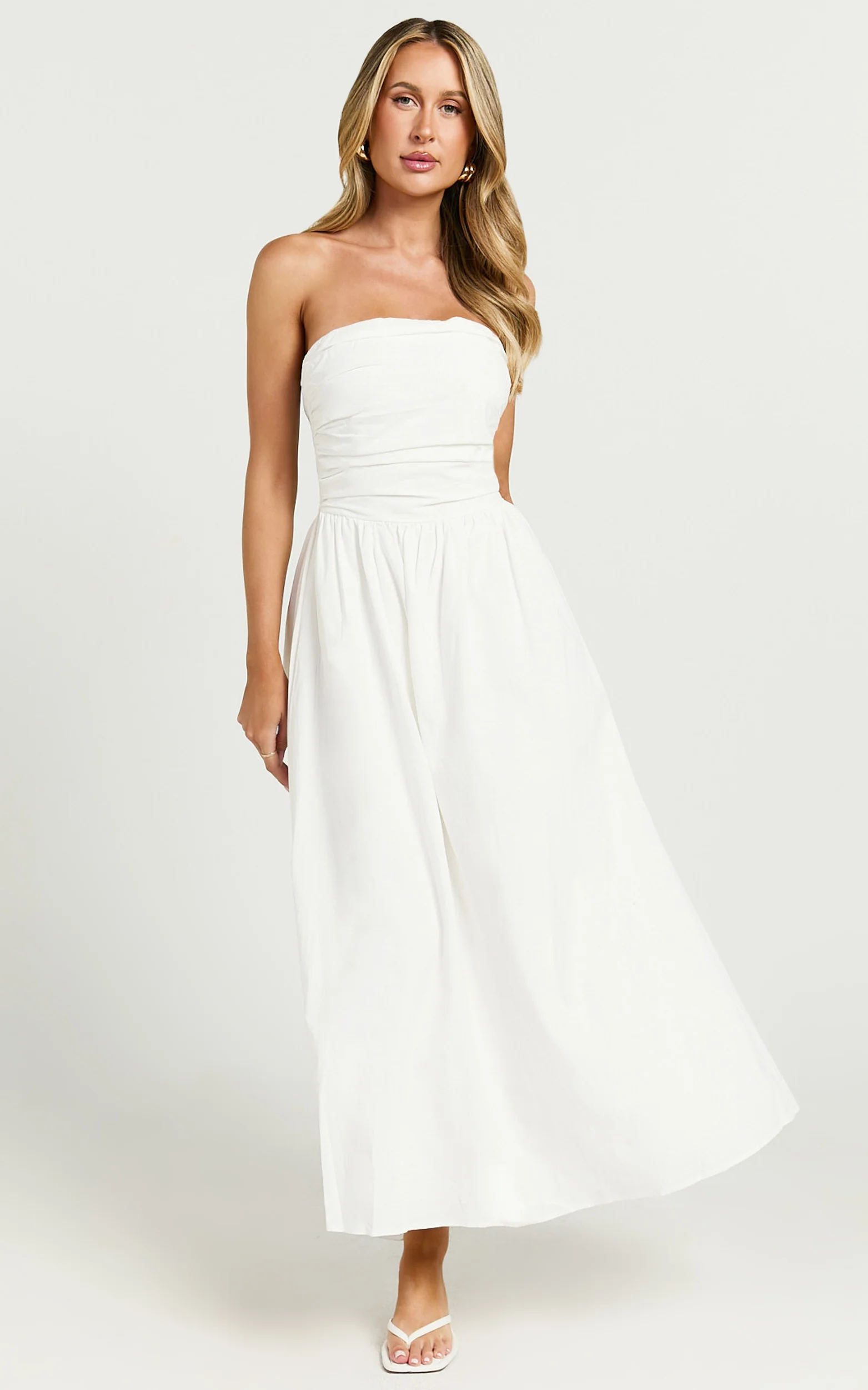 Polly Midi Dress - Strapless Ruched Dress in White - Image 3
