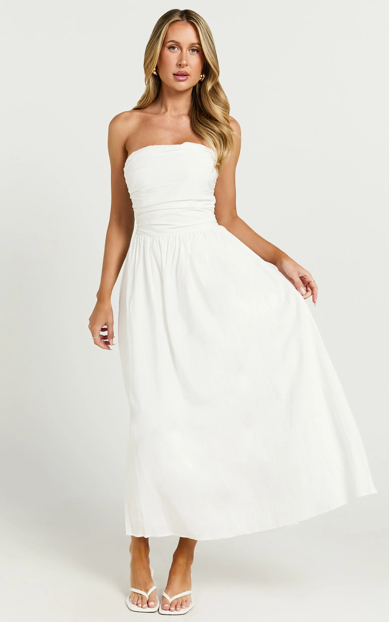Polly Midi Dress - Strapless Ruched Dress in White - Image 4