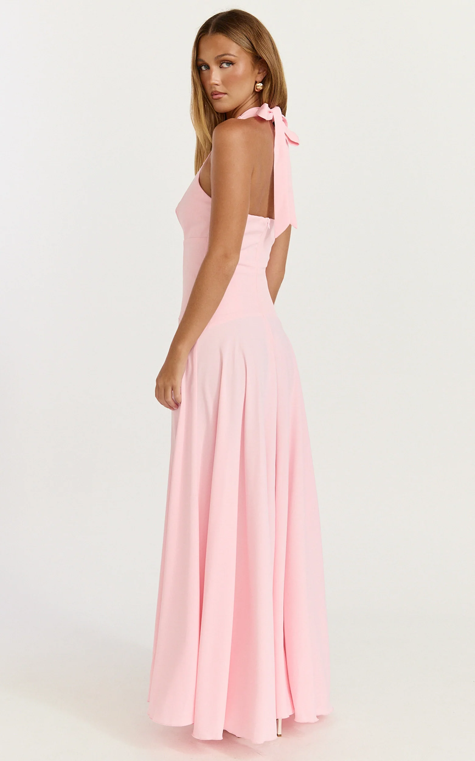 Poppy Maxi Dress - Contrast Skirt Deep Plunge Halter Dress in Soft Pink - Image 2