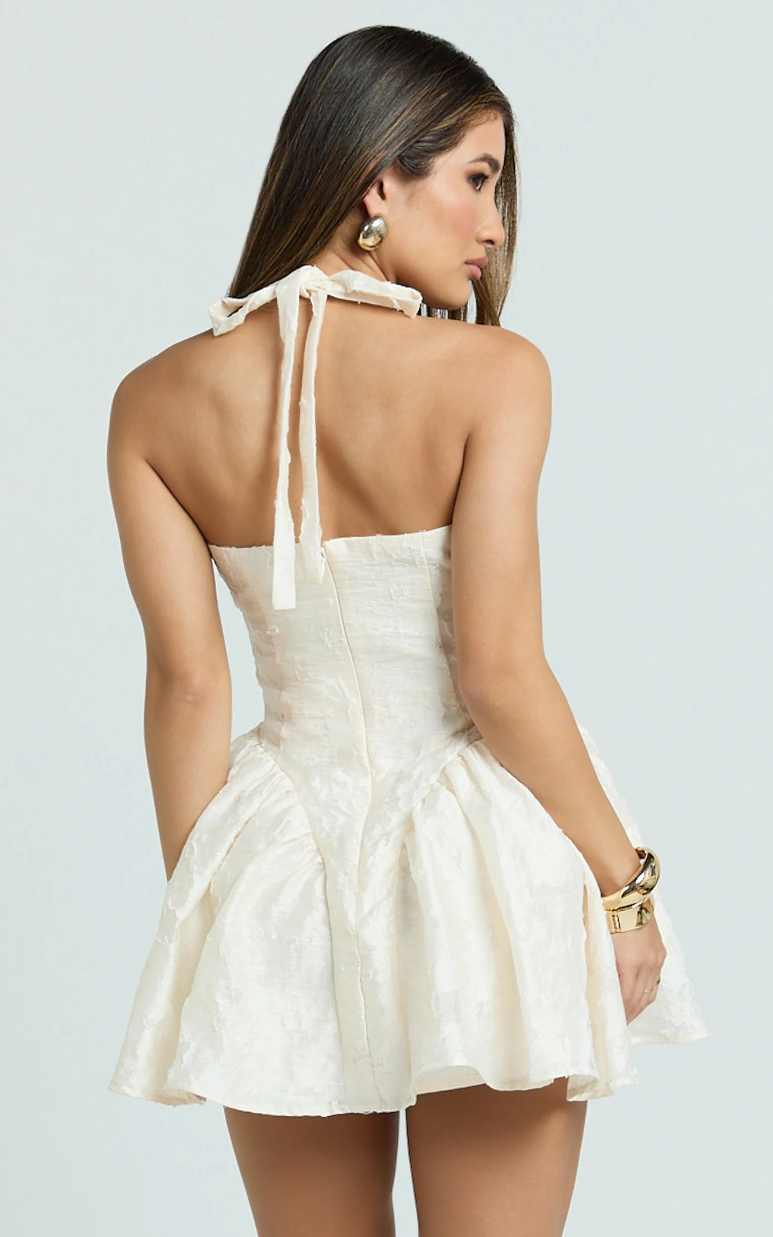 Posie Mini Dress - Plunge Fit And Flare Dress in Cream - Image 6