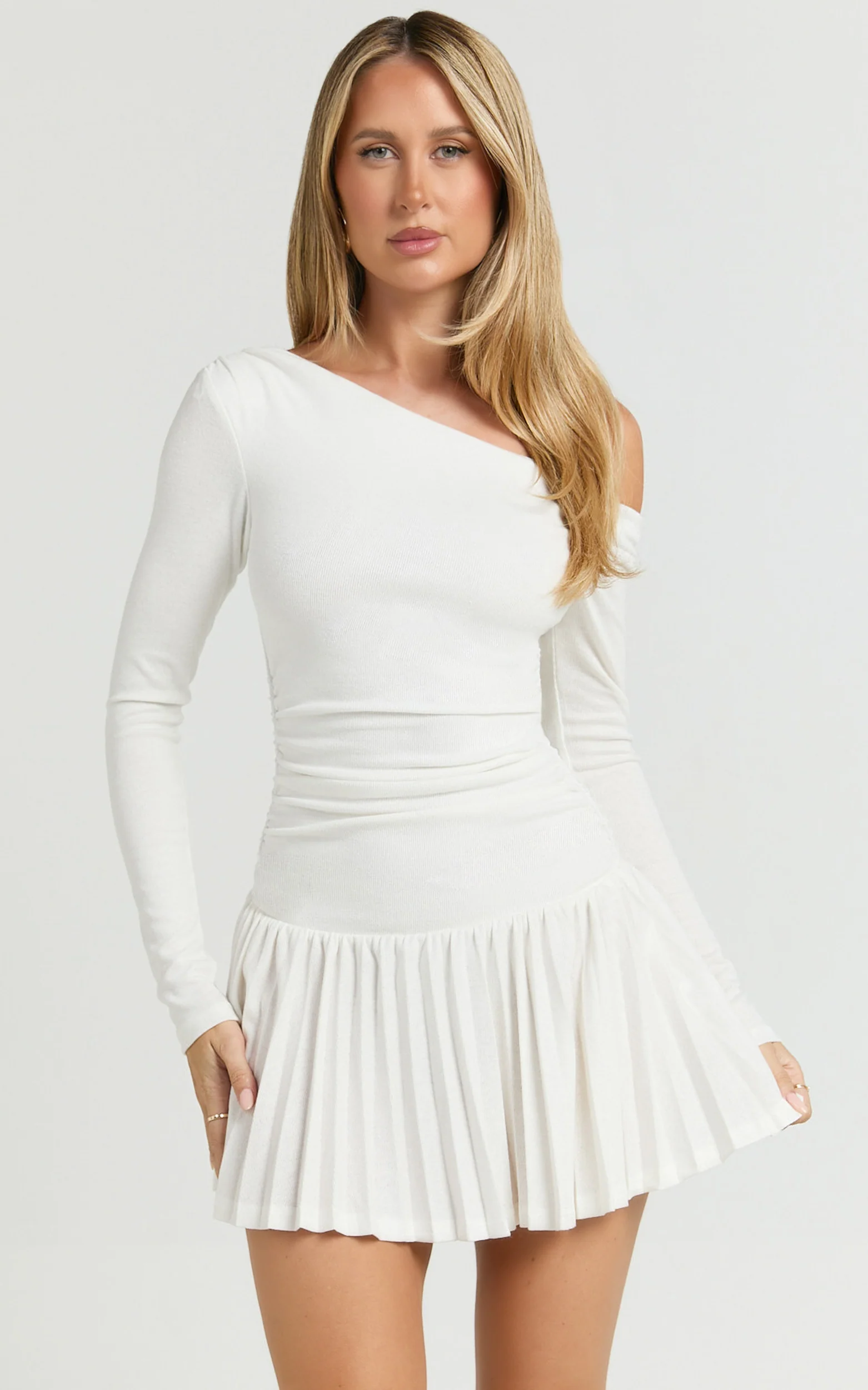 Presley Mini Dress - One Shoulder Ruched Side Pleated Fit And Flare Dress in Cream - Image 3