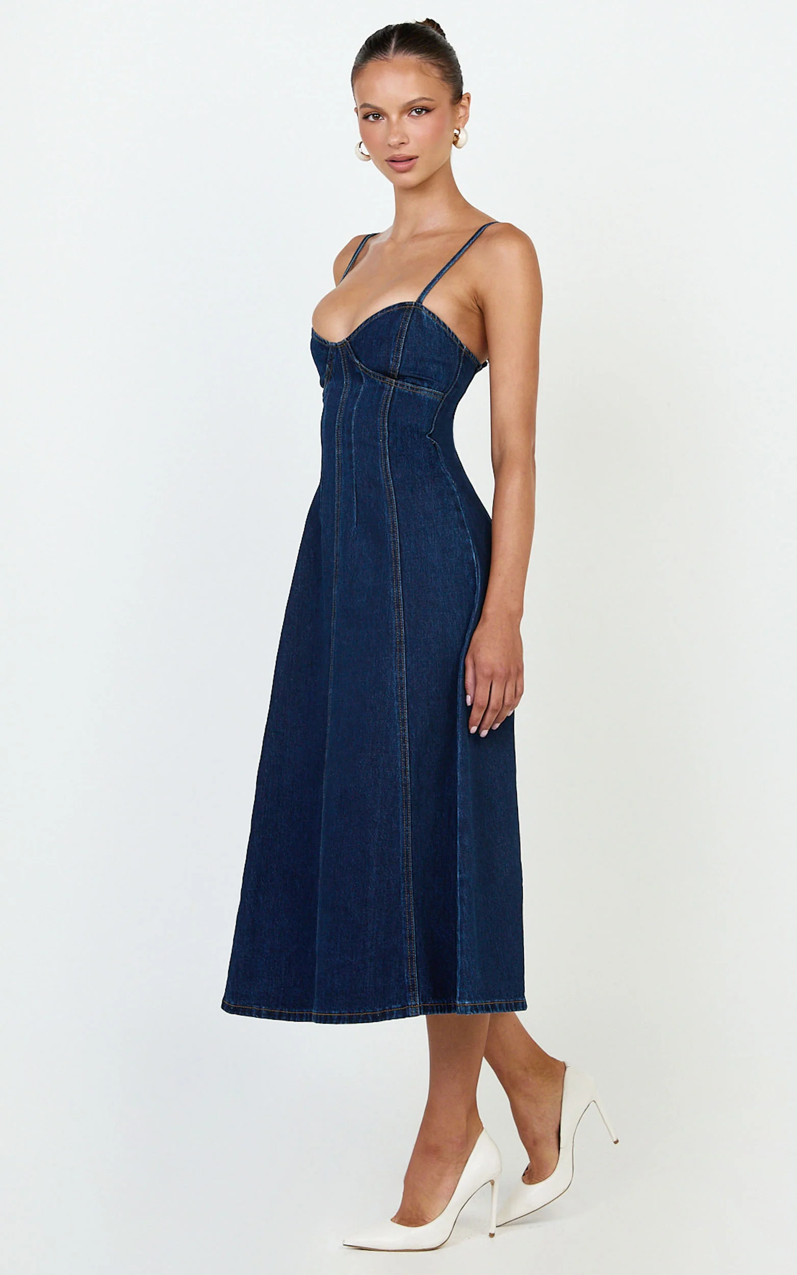 Prisha Midi Dress - Recycled Denim Fit and Flare Dress in Indigo Wash - Image 2