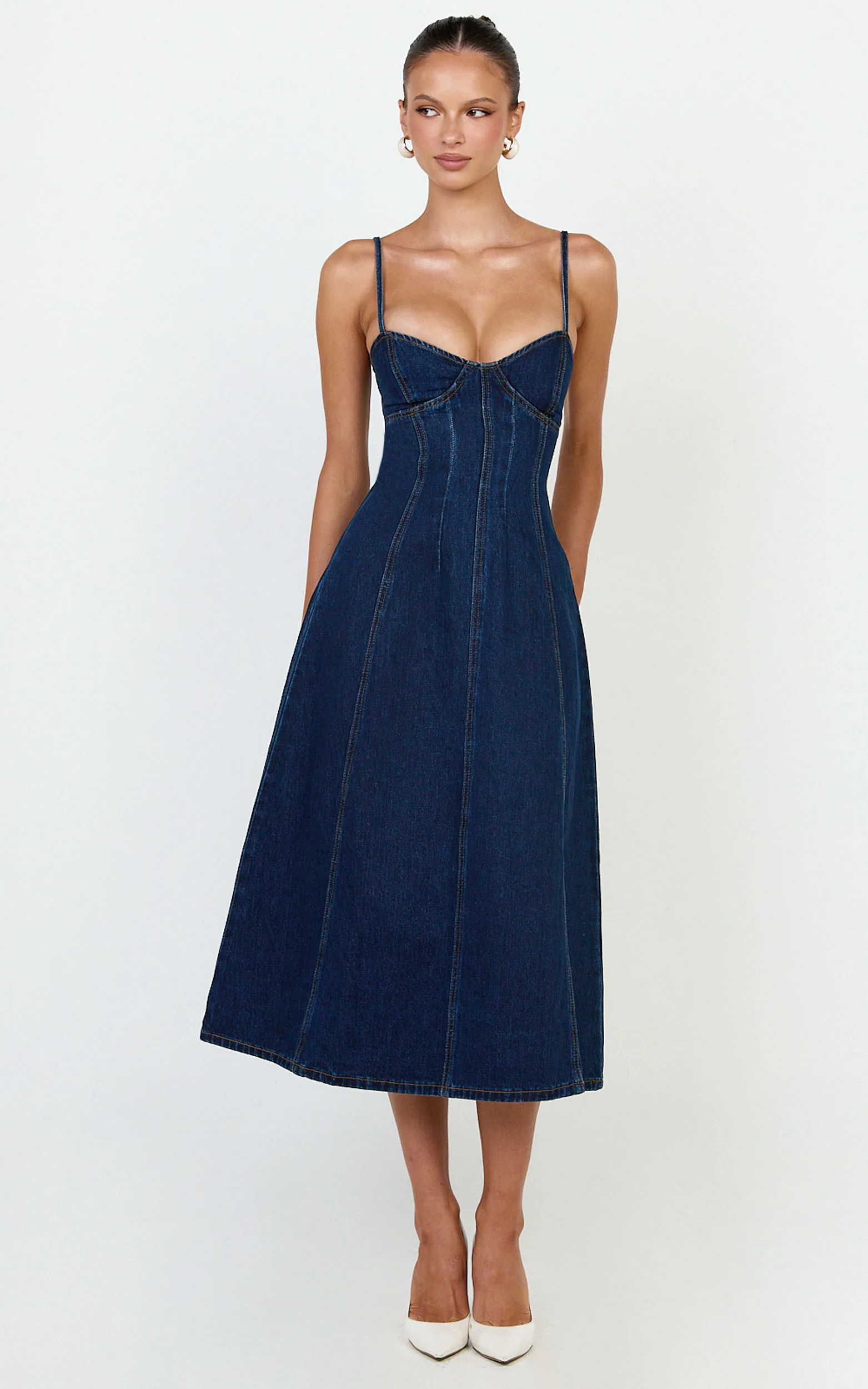 Prisha Midi Dress - Recycled Denim Fit and Flare Dress in Indigo Wash - Image 4