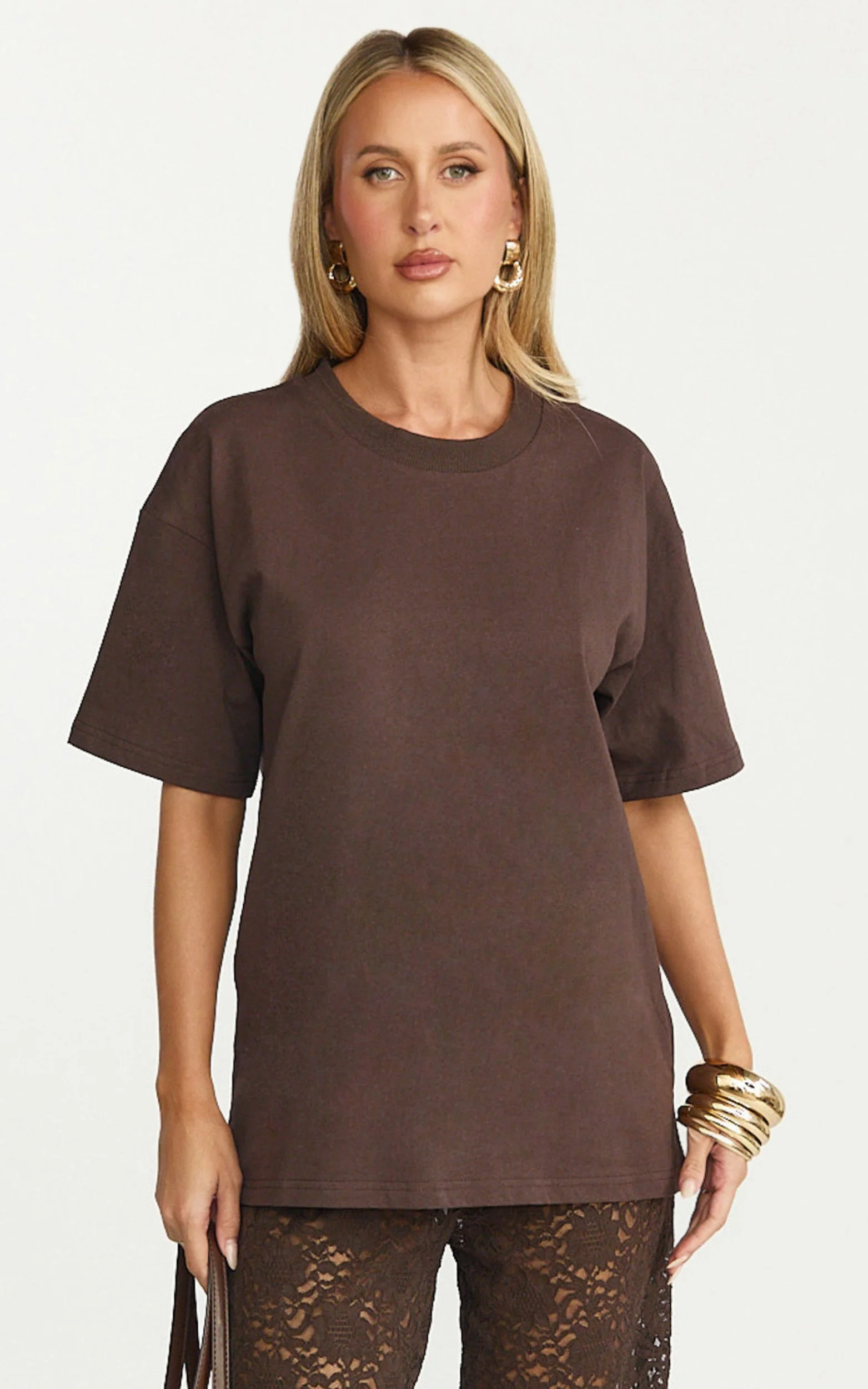 Prizza Top - Longline Boyfriend Tee Top in Chocolate - Image 2
