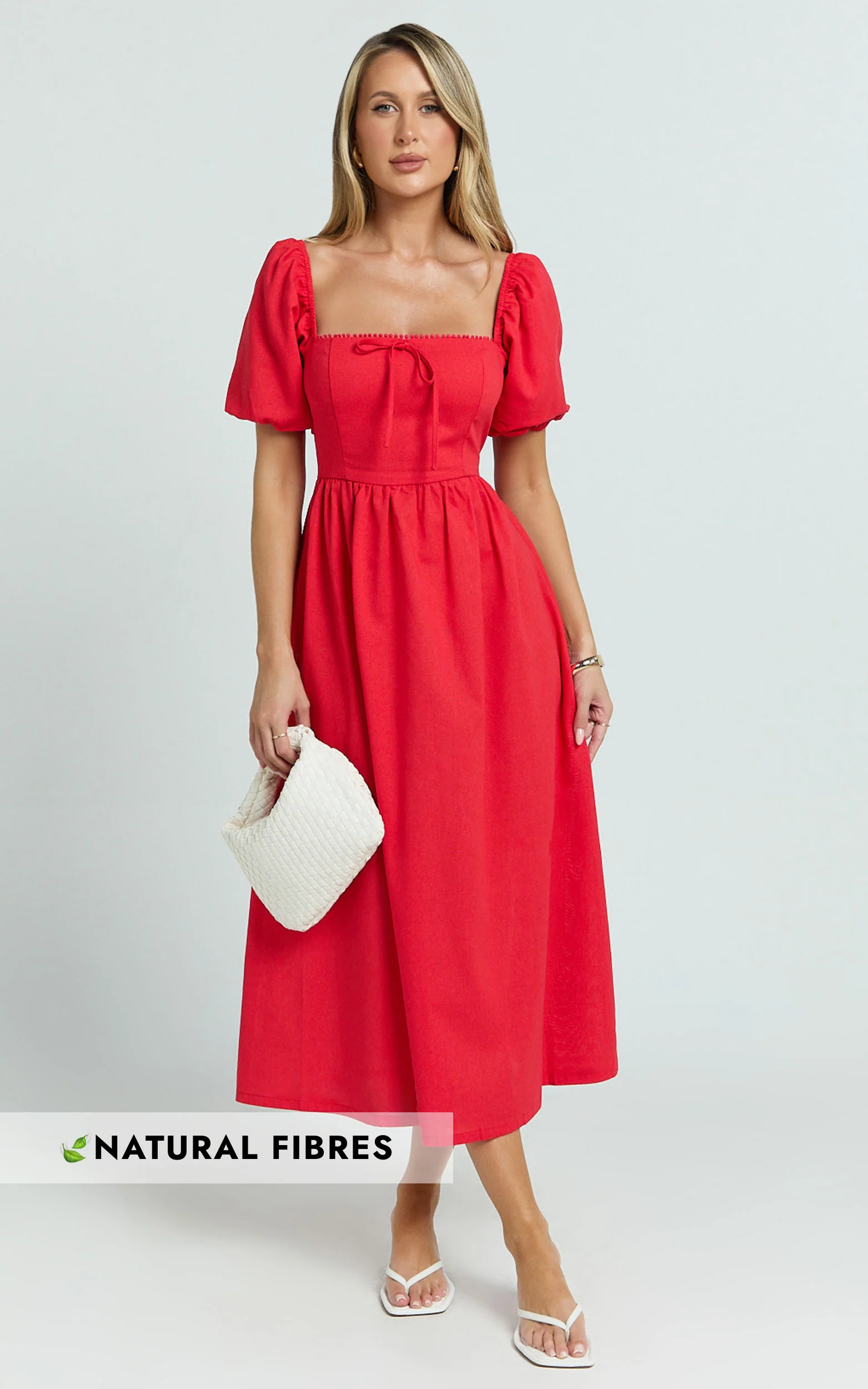 Quinn Midi Linen Blend Dress - Puff Sleeve Square Neck Dress in Red