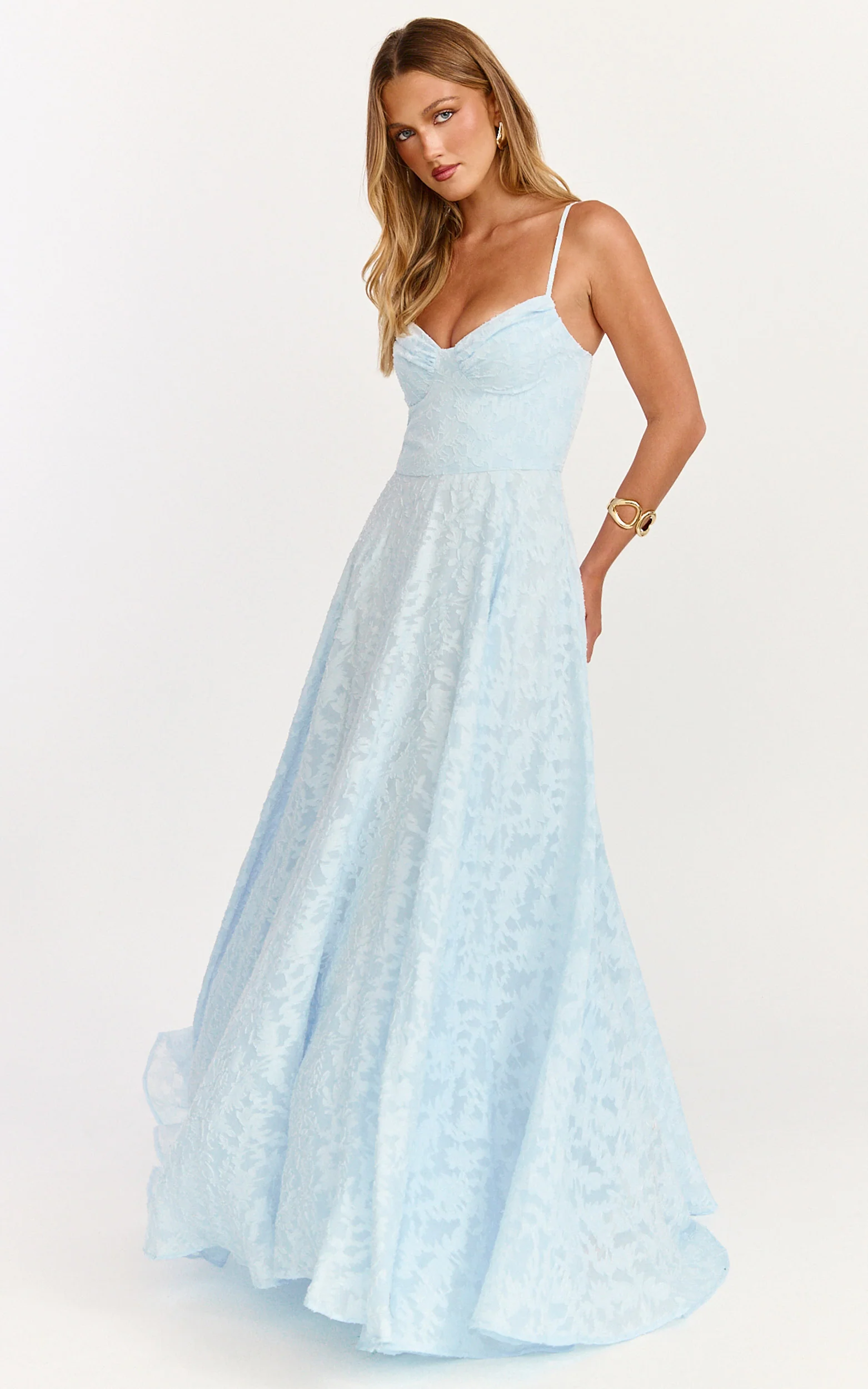 Rachel Maxi Dress - Sweetheart Neckline Jacquard Front Split Dress in Ice Blue - Image 3