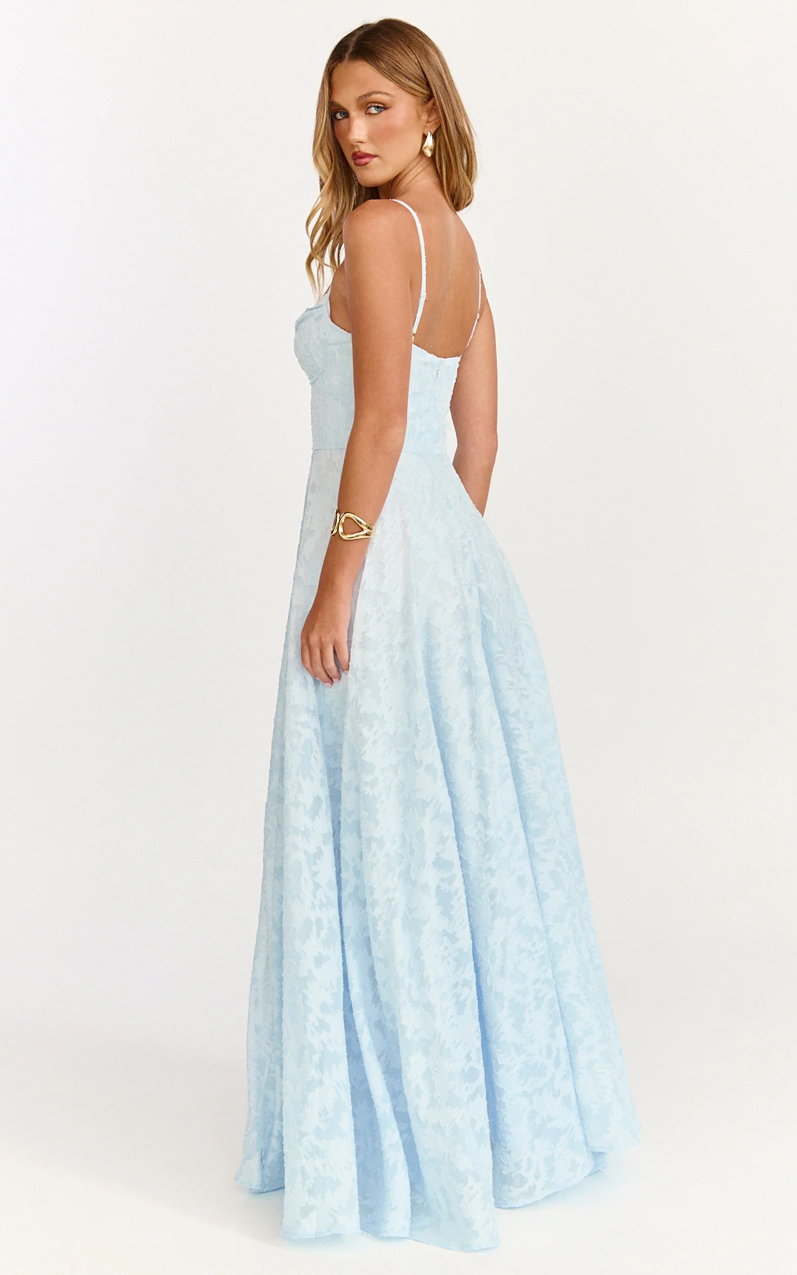 Rachel Maxi Dress - Sweetheart Neckline Jacquard Front Split Dress in Ice Blue - Image 5