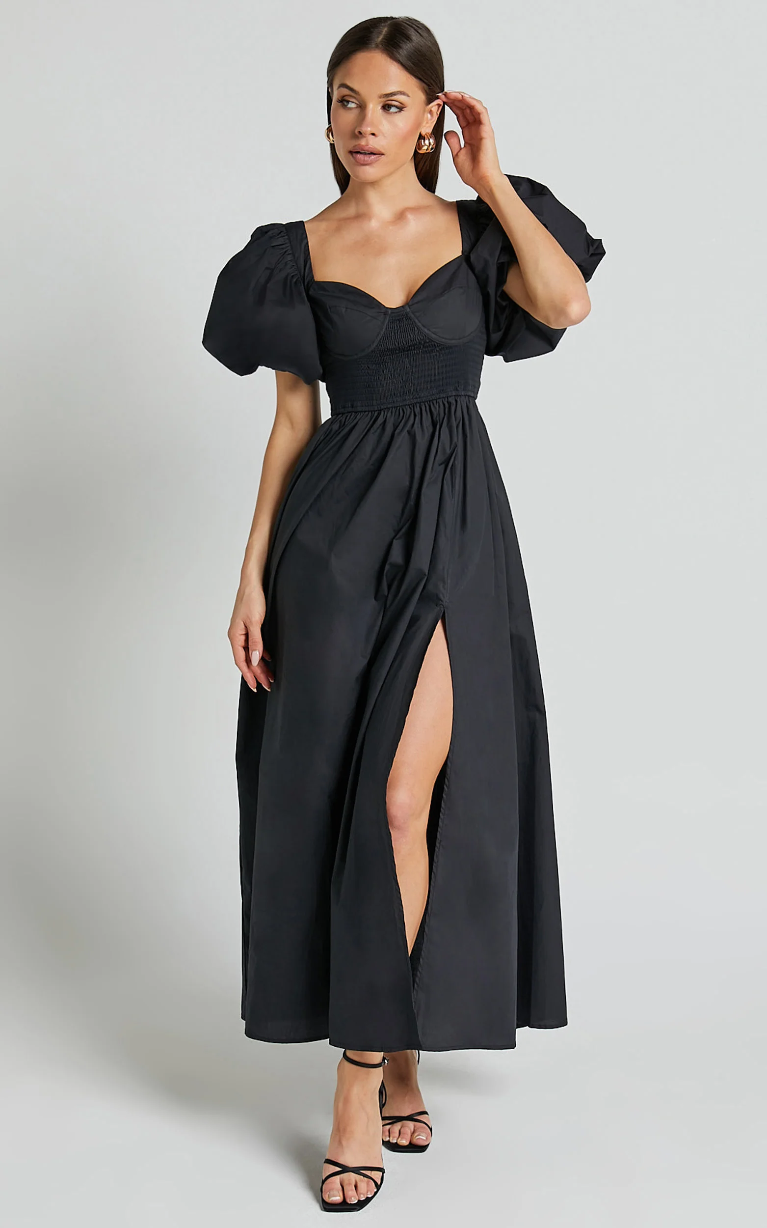 Raiza Midi Dress - Shirred Waist Puff Sleeve Dress in Black - Image 3