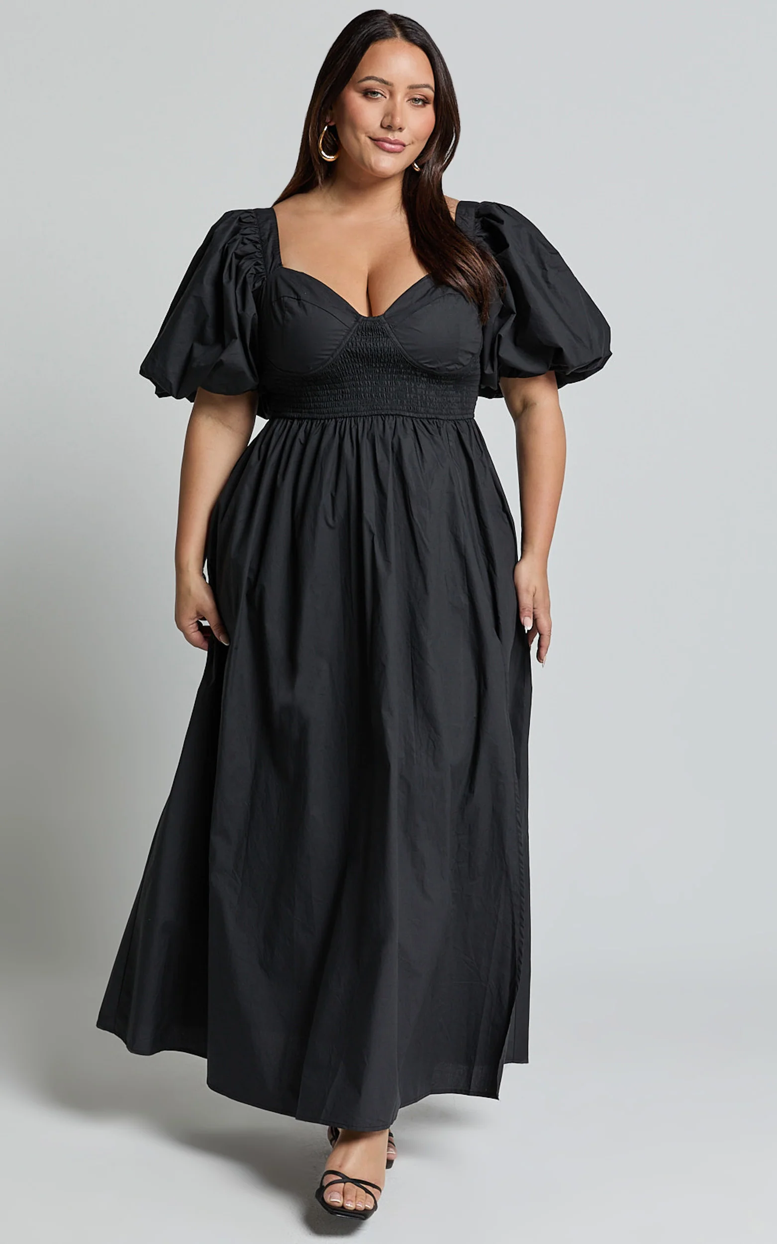 Raiza Midi Dress - Shirred Waist Puff Sleeve Dress in Black - Image 4