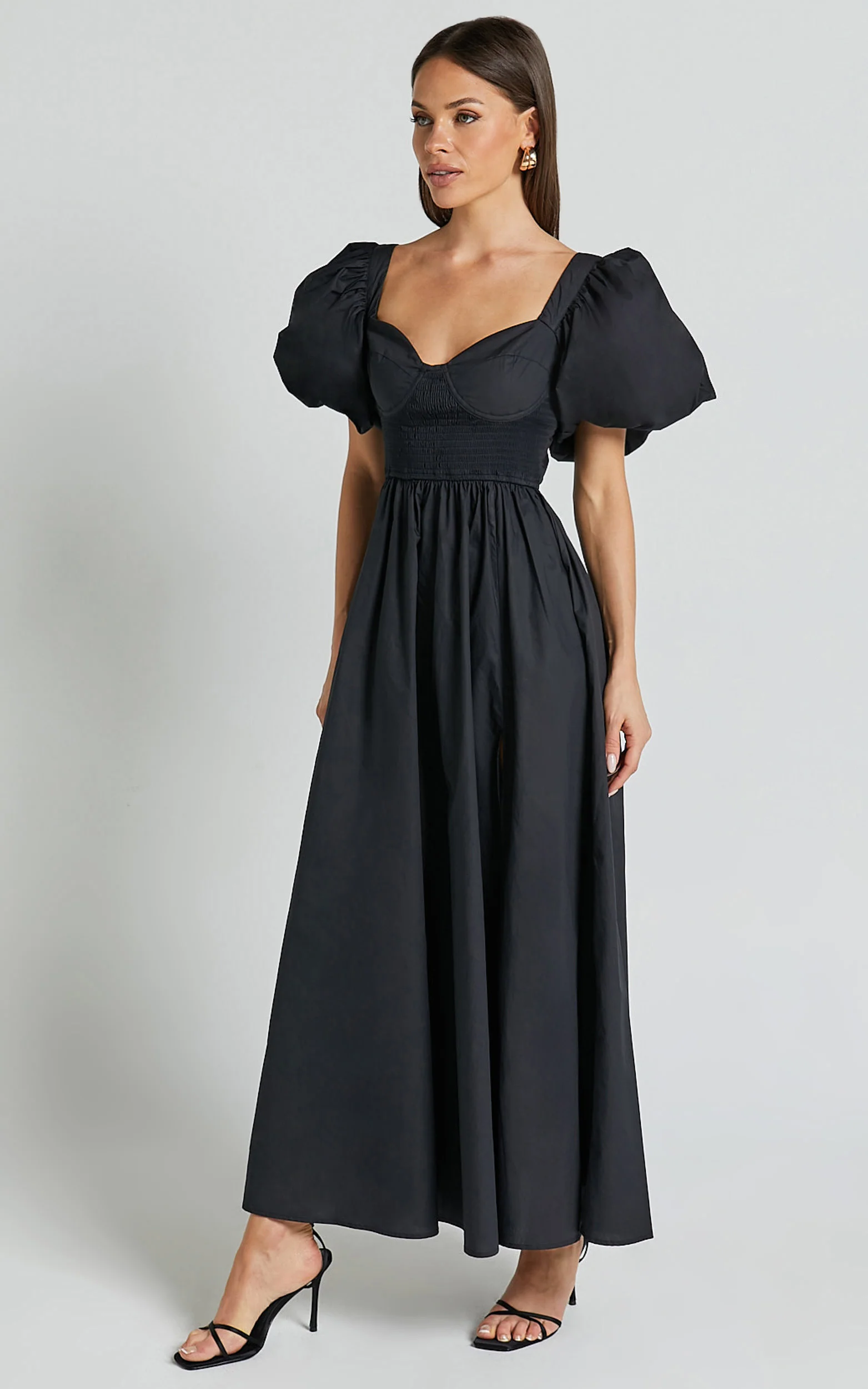 Raiza Midi Dress - Shirred Waist Puff Sleeve Dress in Black - Image 5