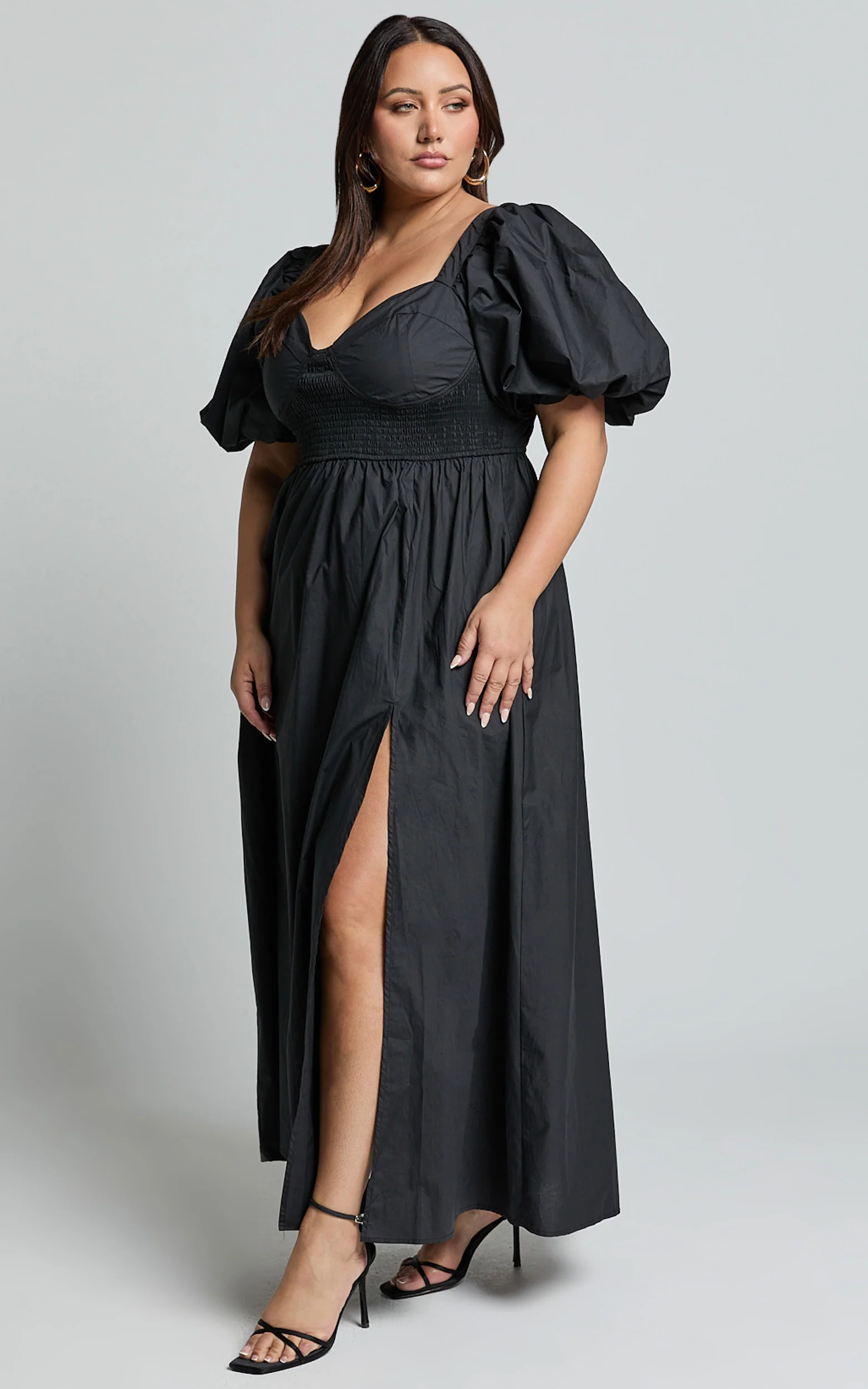 Raiza Midi Dress - Shirred Waist Puff Sleeve Dress in Black - Image 6