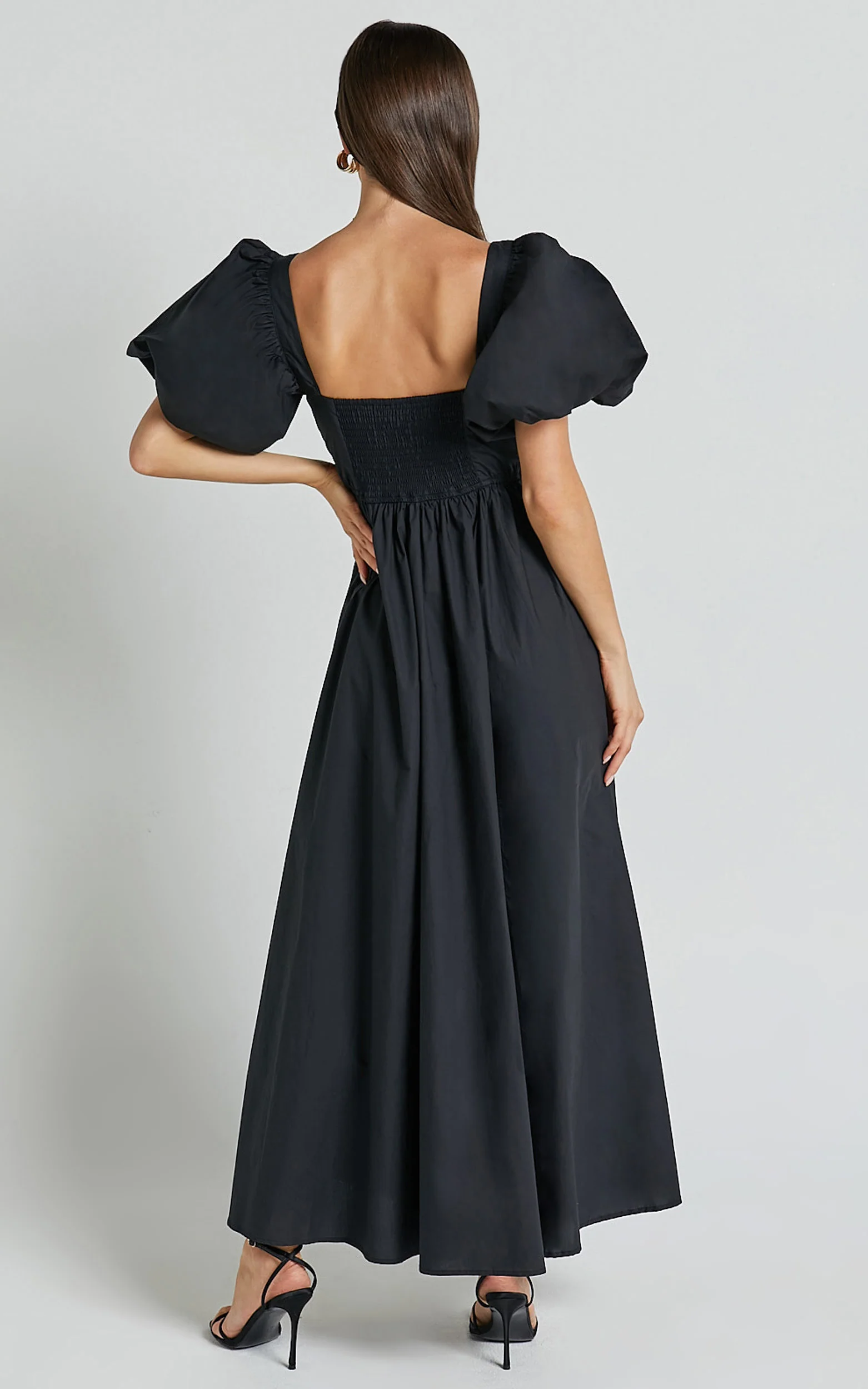 Raiza Midi Dress - Shirred Waist Puff Sleeve Dress in Black - Image 7