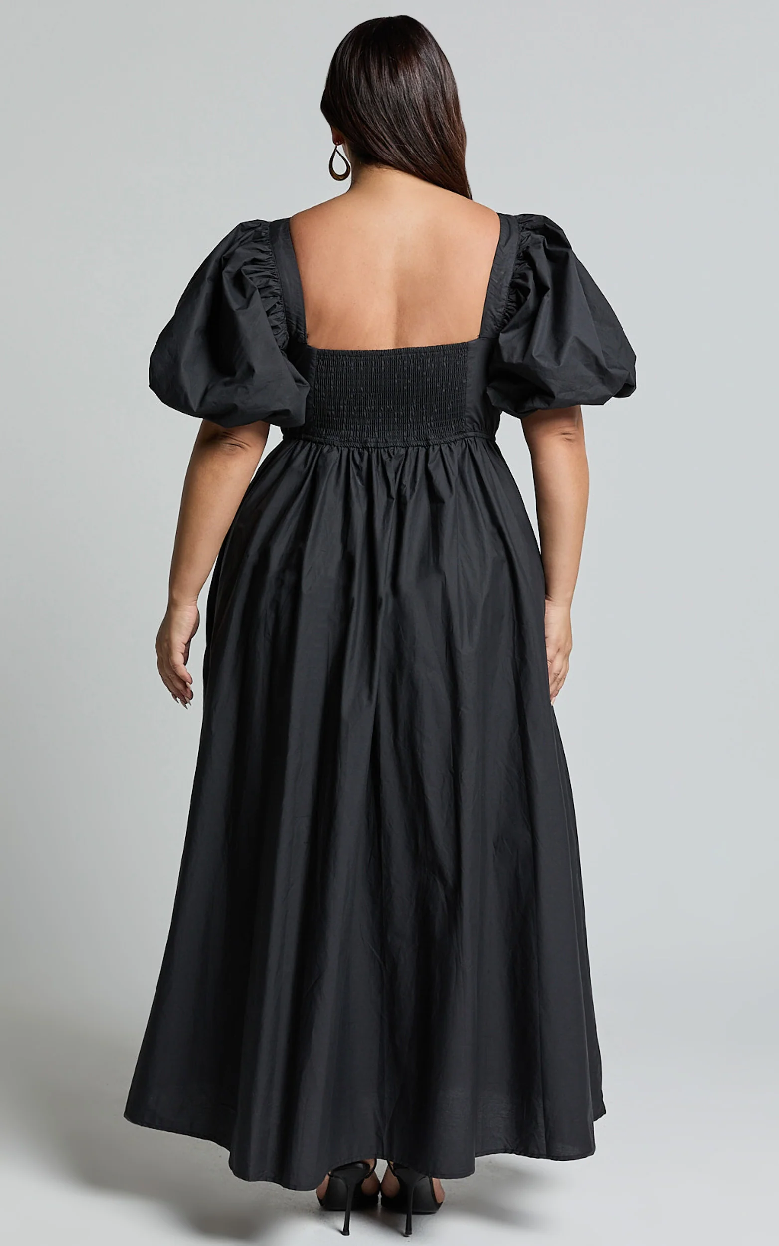 Raiza Midi Dress - Shirred Waist Puff Sleeve Dress in Black - Image 8