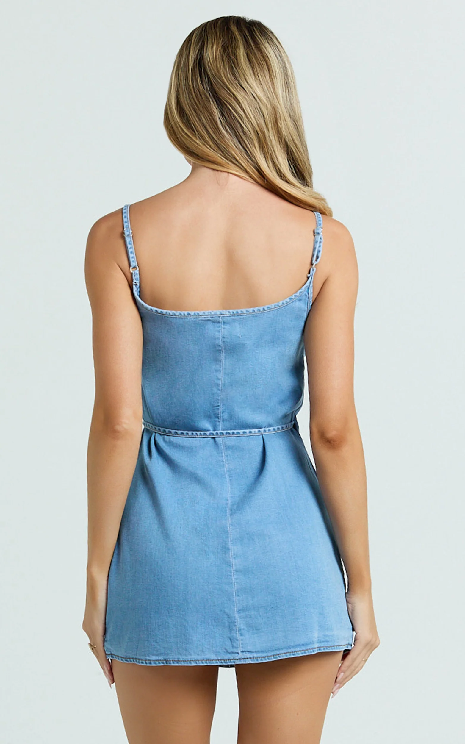 Ramira Mini Dress - Denim Halter Neck Wrap Tie Mini Dress in Light Blue Wash - Image 5