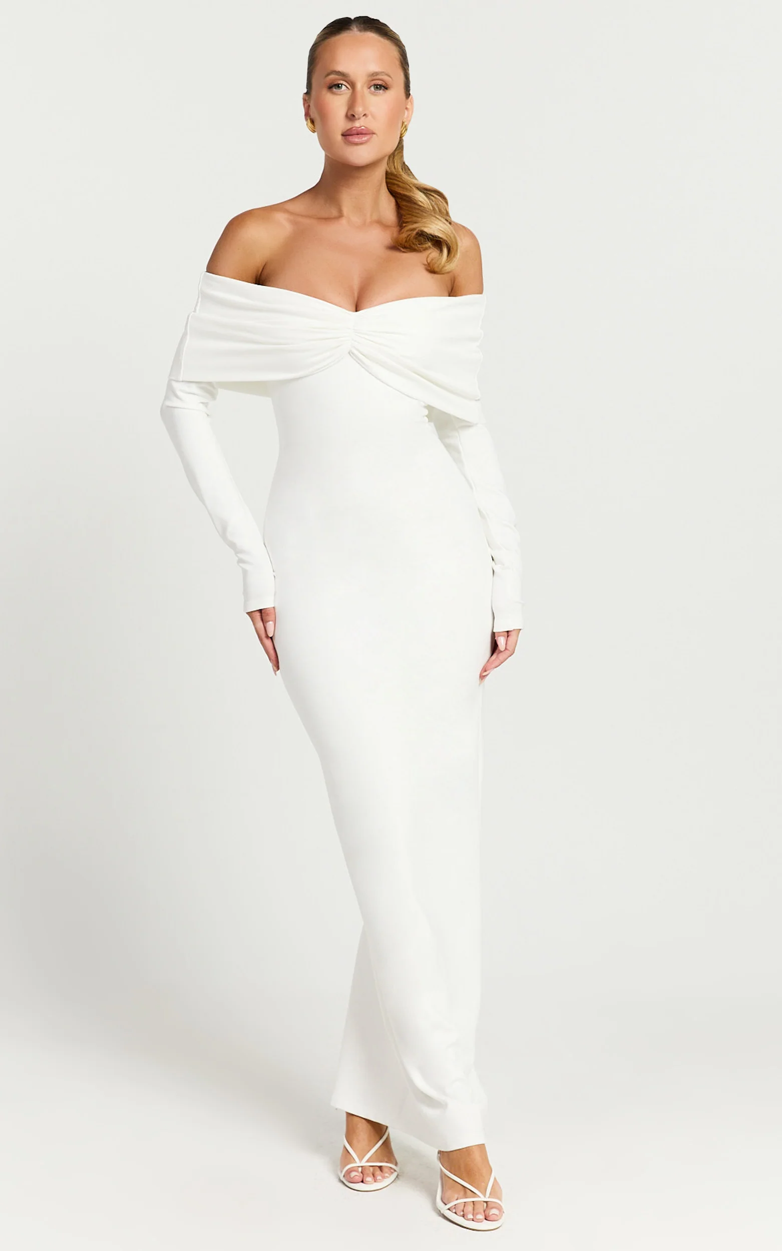 Rani Maxi Dress - Off Shoulder Long Sleeve Bodycon Dress in Off White - Image 3