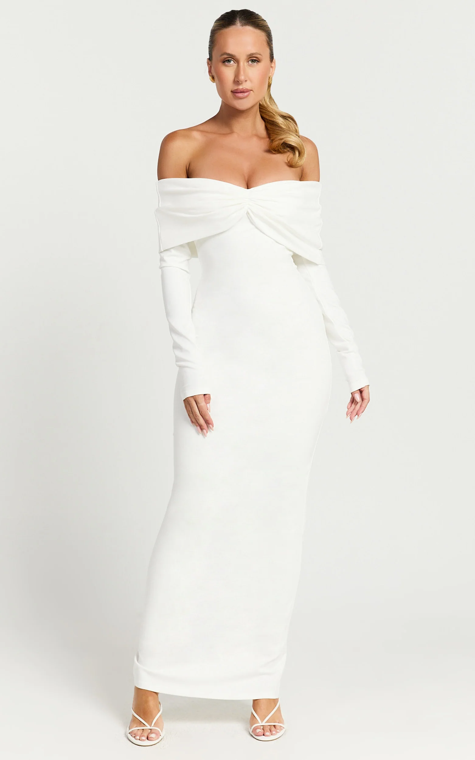 Rani Maxi Dress - Off Shoulder Long Sleeve Bodycon Dress in Off White - Image 4