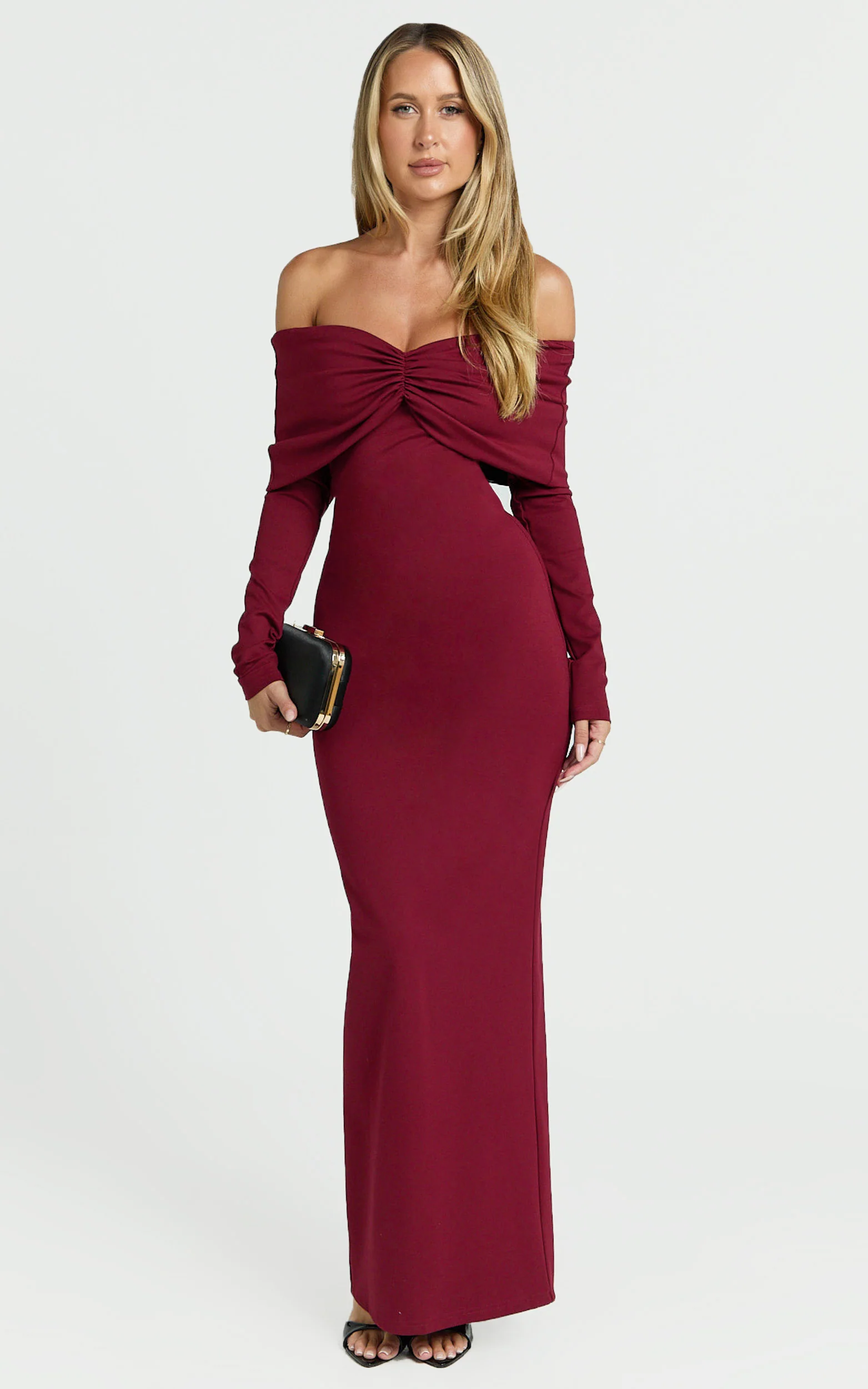 Rani Maxi Dress - Off Shoulder Long Sleeve Bodycon Dress in Wine