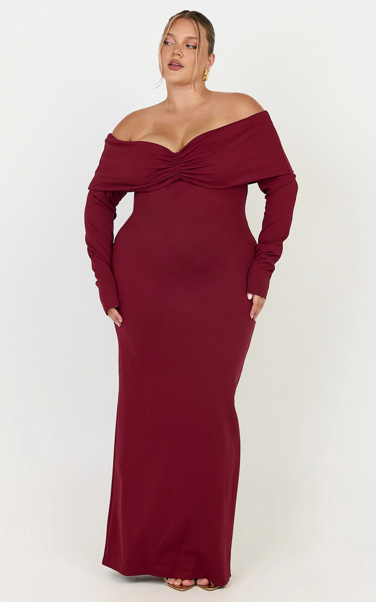 Rani Maxi Dress - Off Shoulder Long Sleeve Bodycon Dress in Wine - Image 2