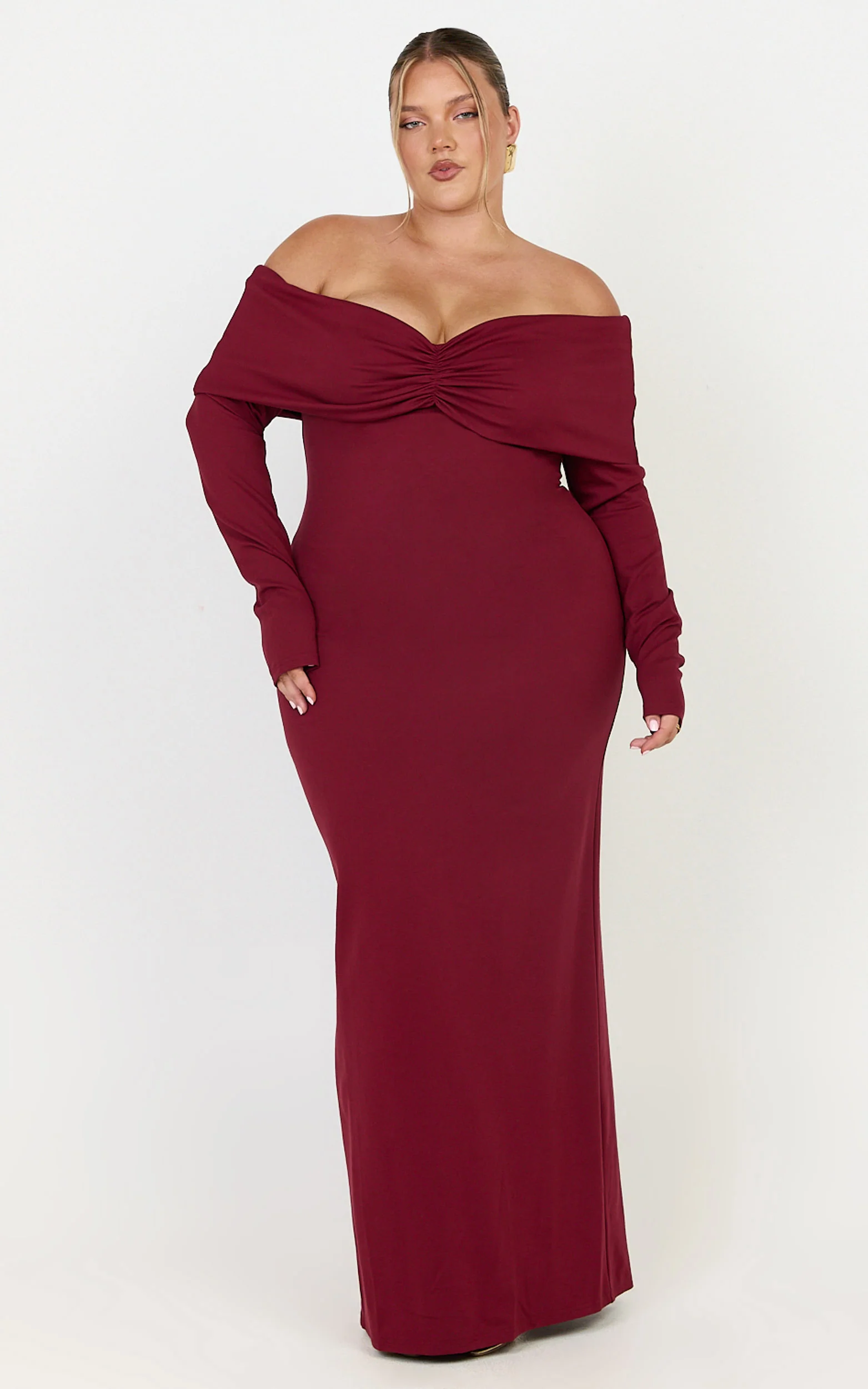 Rani Maxi Dress - Off Shoulder Long Sleeve Bodycon Dress in Wine - Image 3