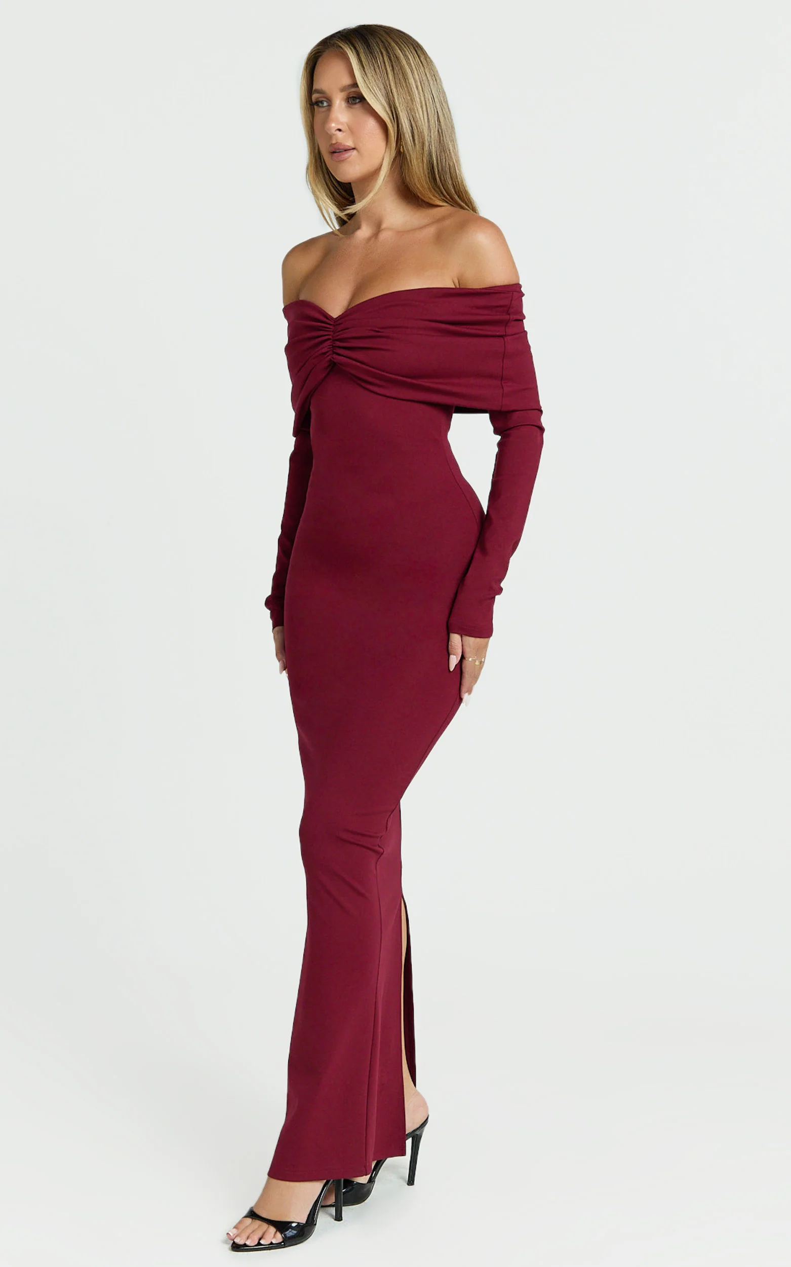 Rani Maxi Dress - Off Shoulder Long Sleeve Bodycon Dress in Wine - Image 4