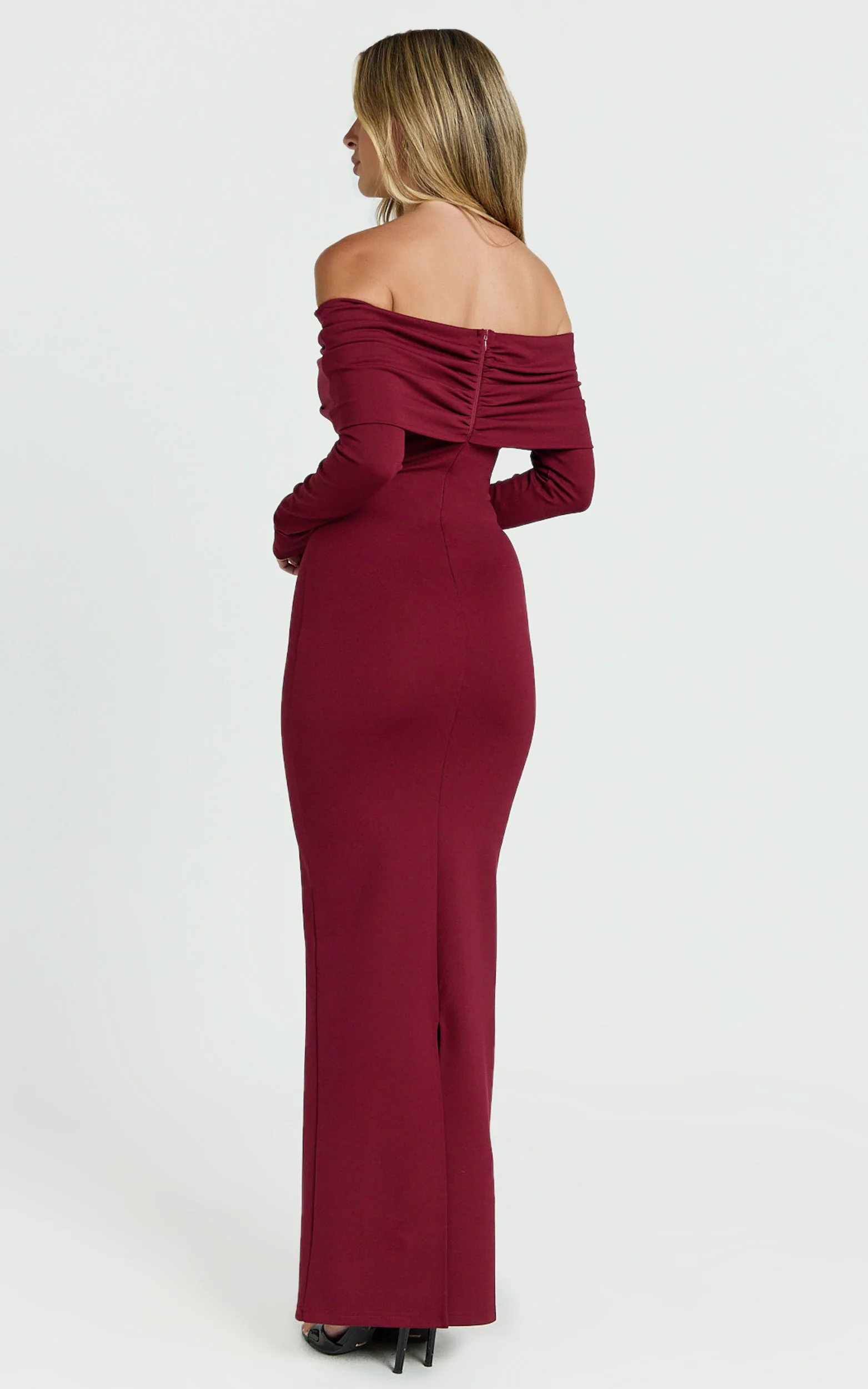 Rani Maxi Dress - Off Shoulder Long Sleeve Bodycon Dress in Wine - Image 7