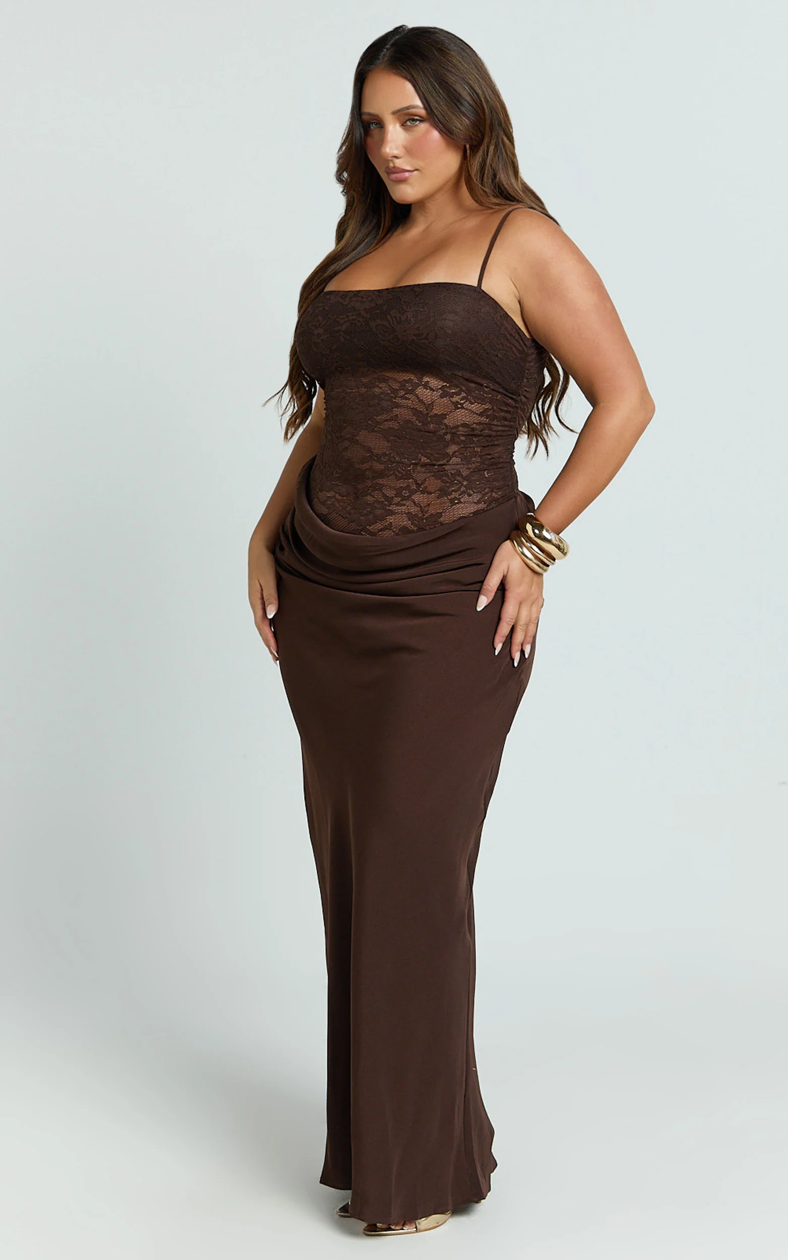 Rania Maxi Dress - Contrast Lace Bodice Bias Cowl Drop Waist Dress in Chocolate - Image 5
