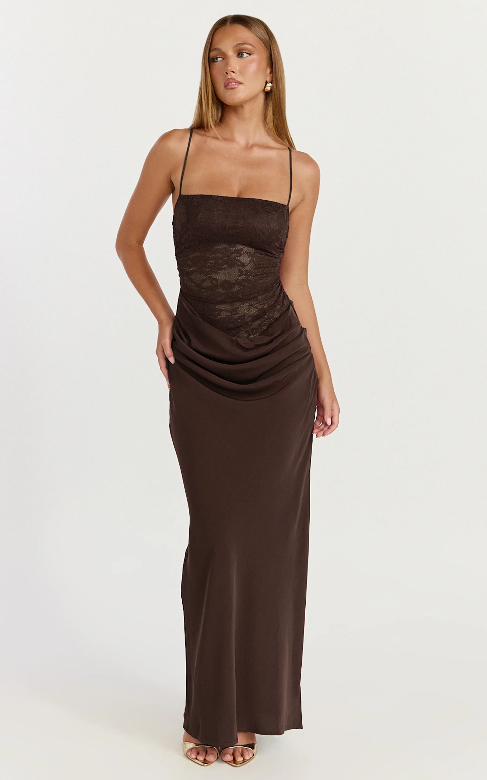 Rania Maxi Dress - Contrast Lace Bodice Bias Cowl Drop Waist Dress in Chocolate - Image 6