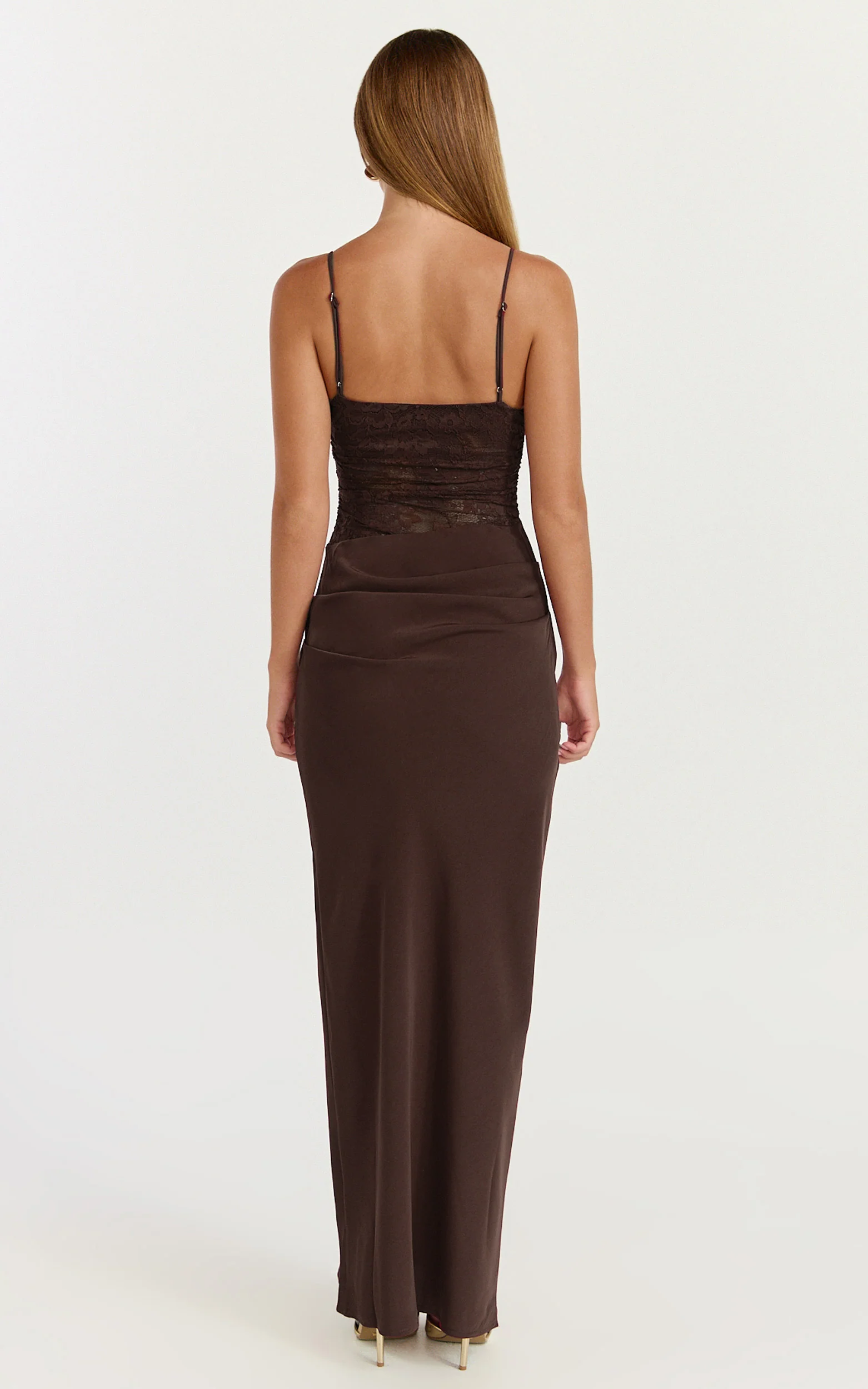 Rania Maxi Dress - Contrast Lace Bodice Bias Cowl Drop Waist Dress in Chocolate - Image 7