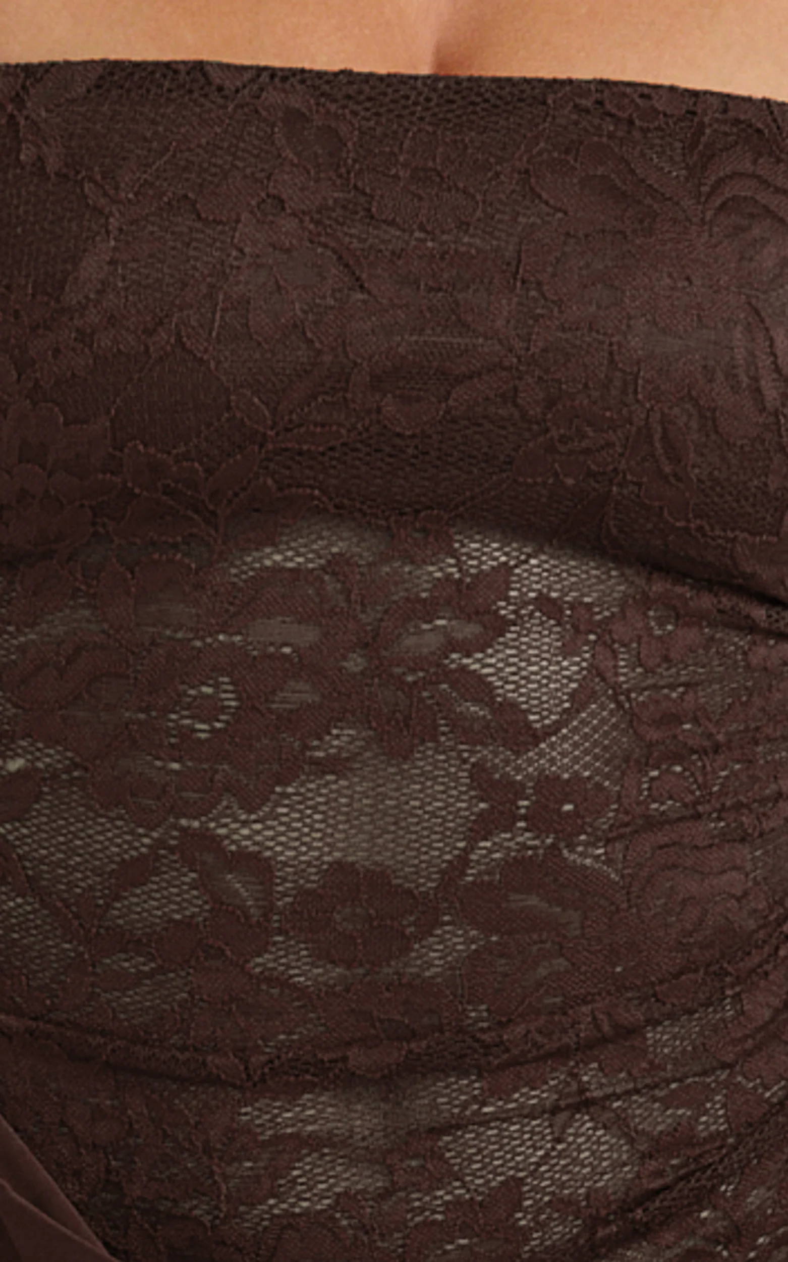 Rania Maxi Dress - Contrast Lace Bodice Bias Cowl Drop Waist Dress in Chocolate - Image 8