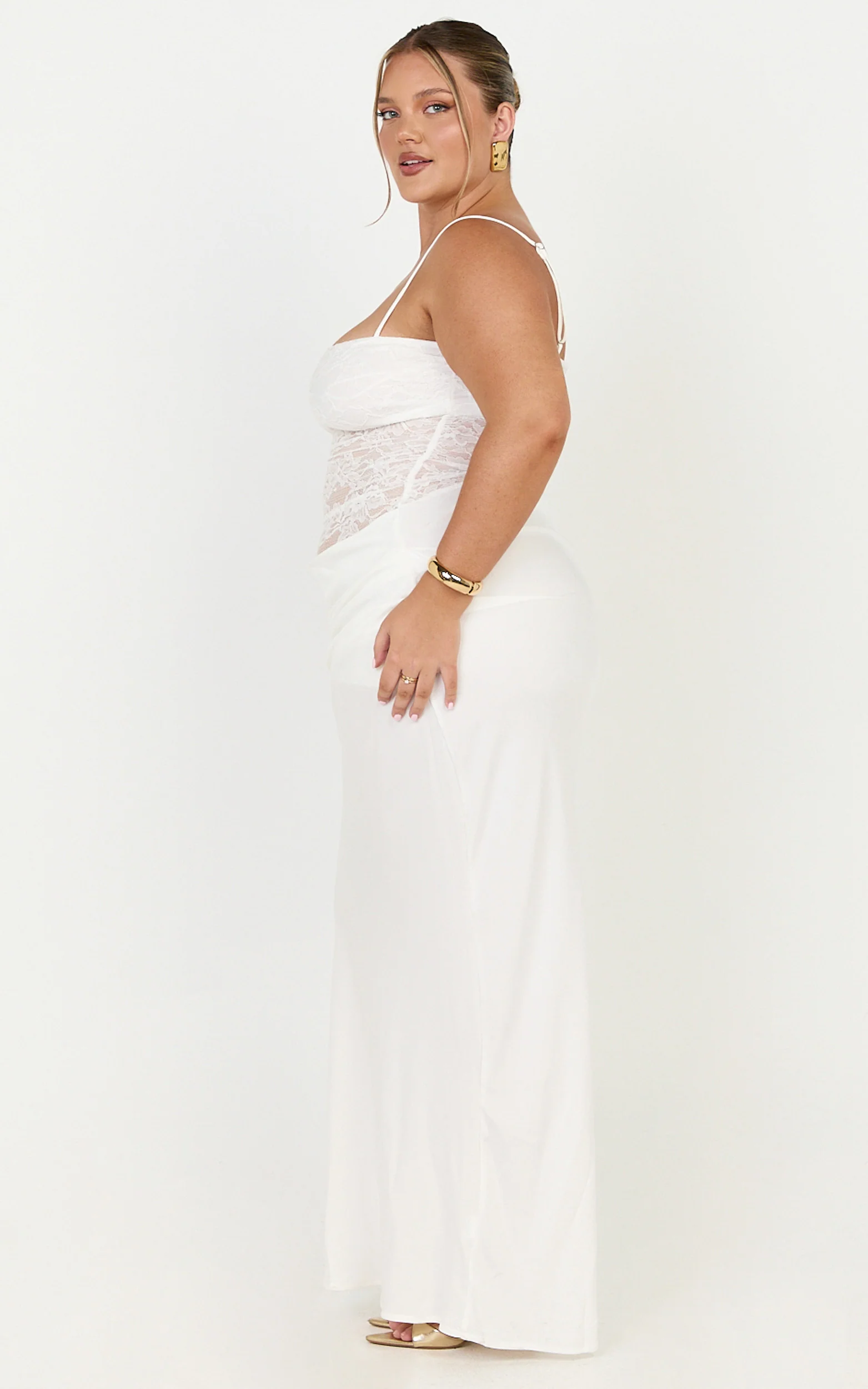 Rania Maxi Dress - Contrast Lace Bodice Bias Cowl Drop Waist Dress in Cream - Image 6