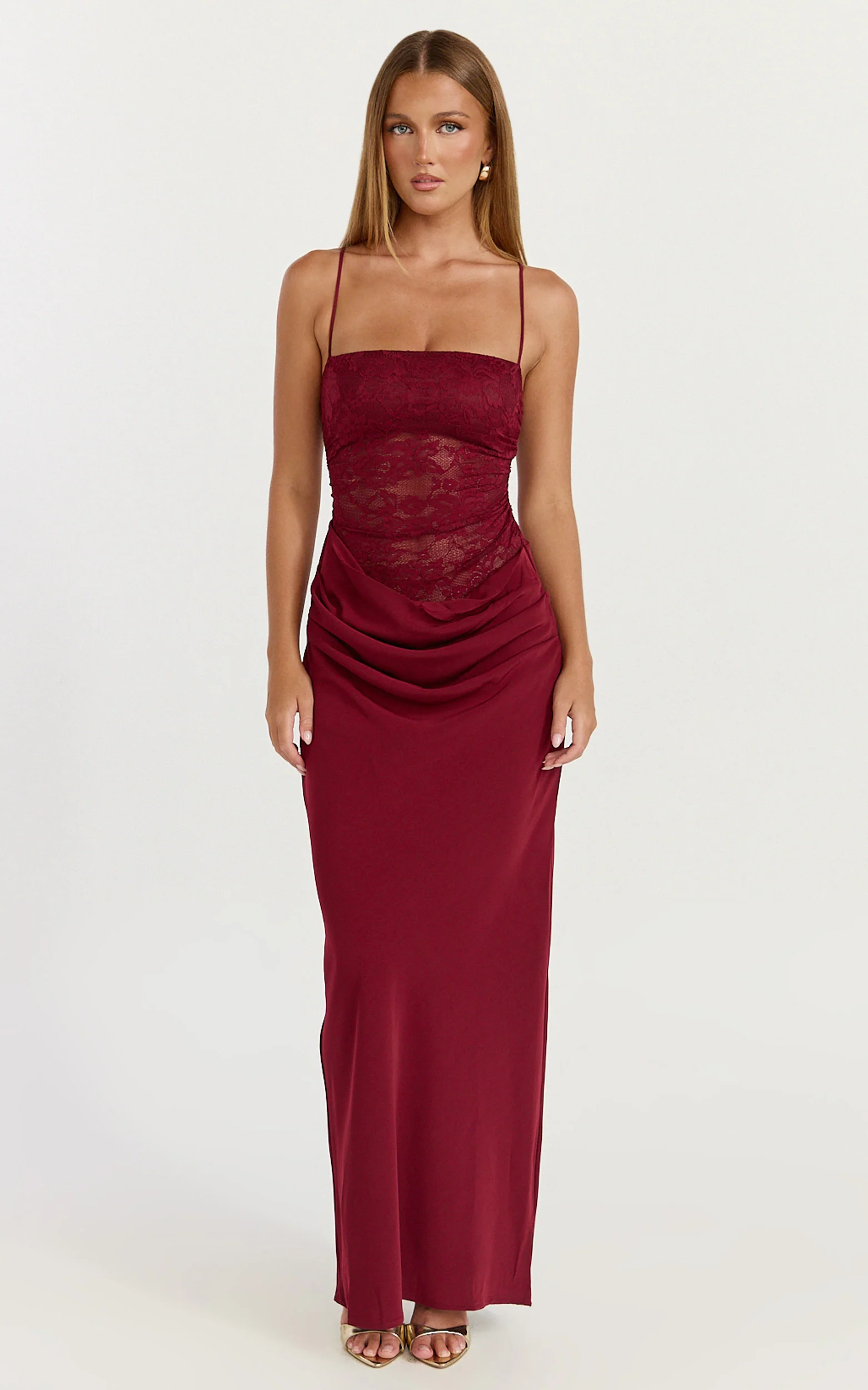 Rania Maxi Dress - Contrast Lace Bodice Bias Cowl Drop Waist Dress in Wine - Image 2