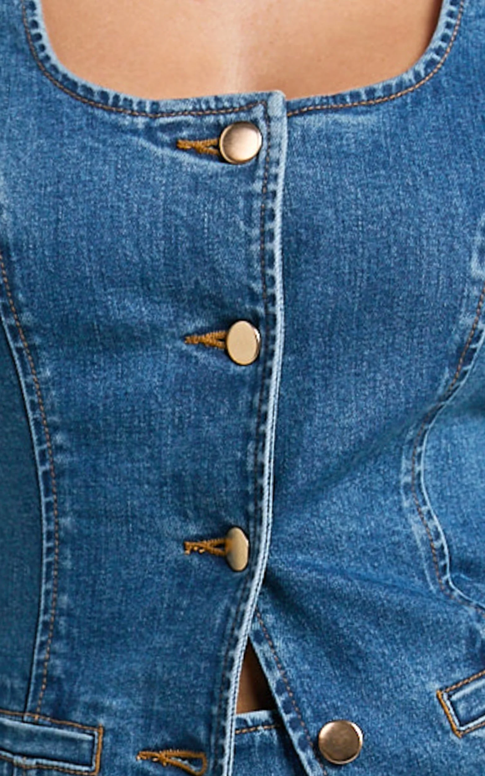 Raquel Top - Denim Scoop Neck Button Down Vest in Dark Blue Wash - Image 8