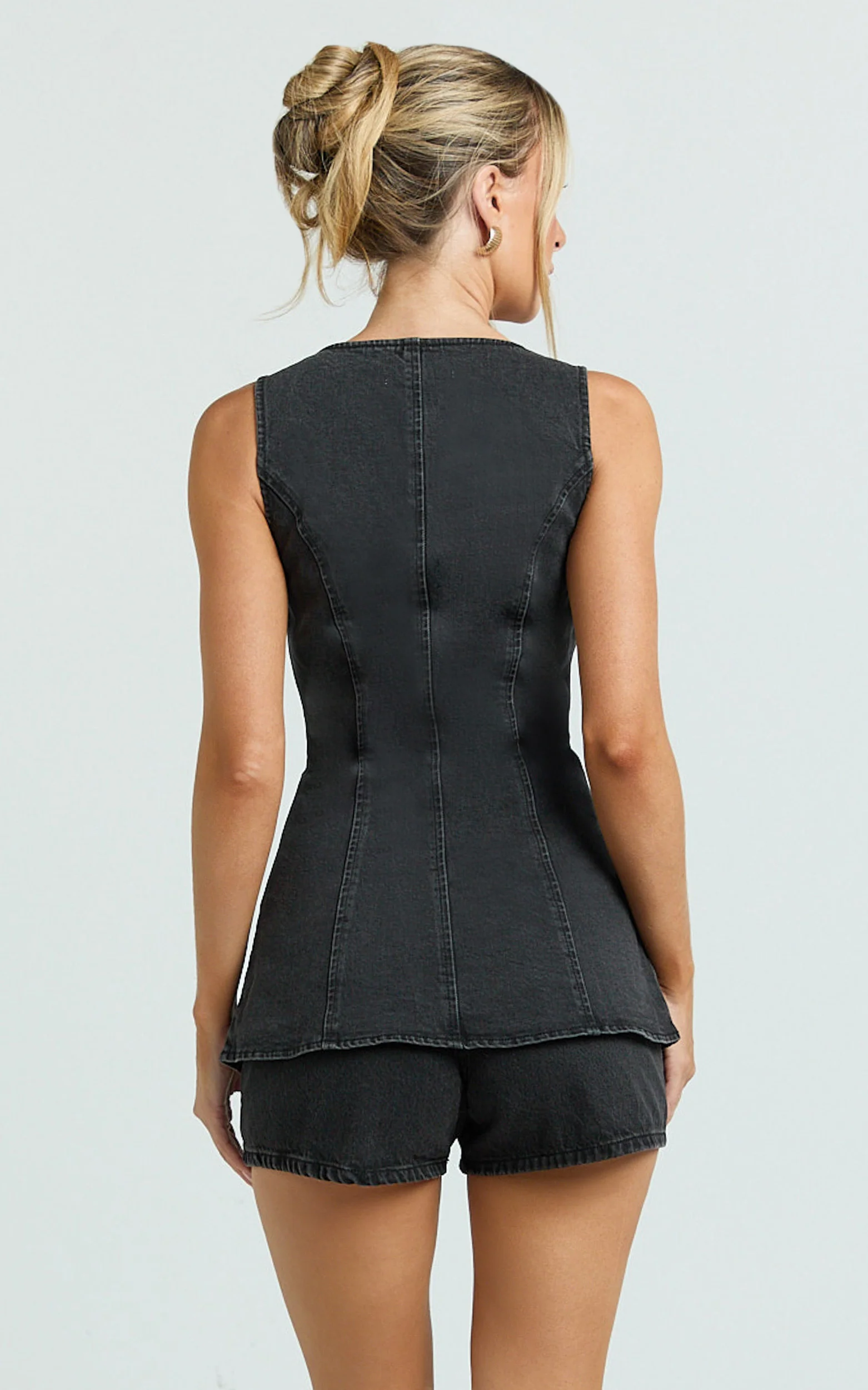 Raquel Top - Denim Scoop Neck Button Down Vest in Washed Black - Image 5