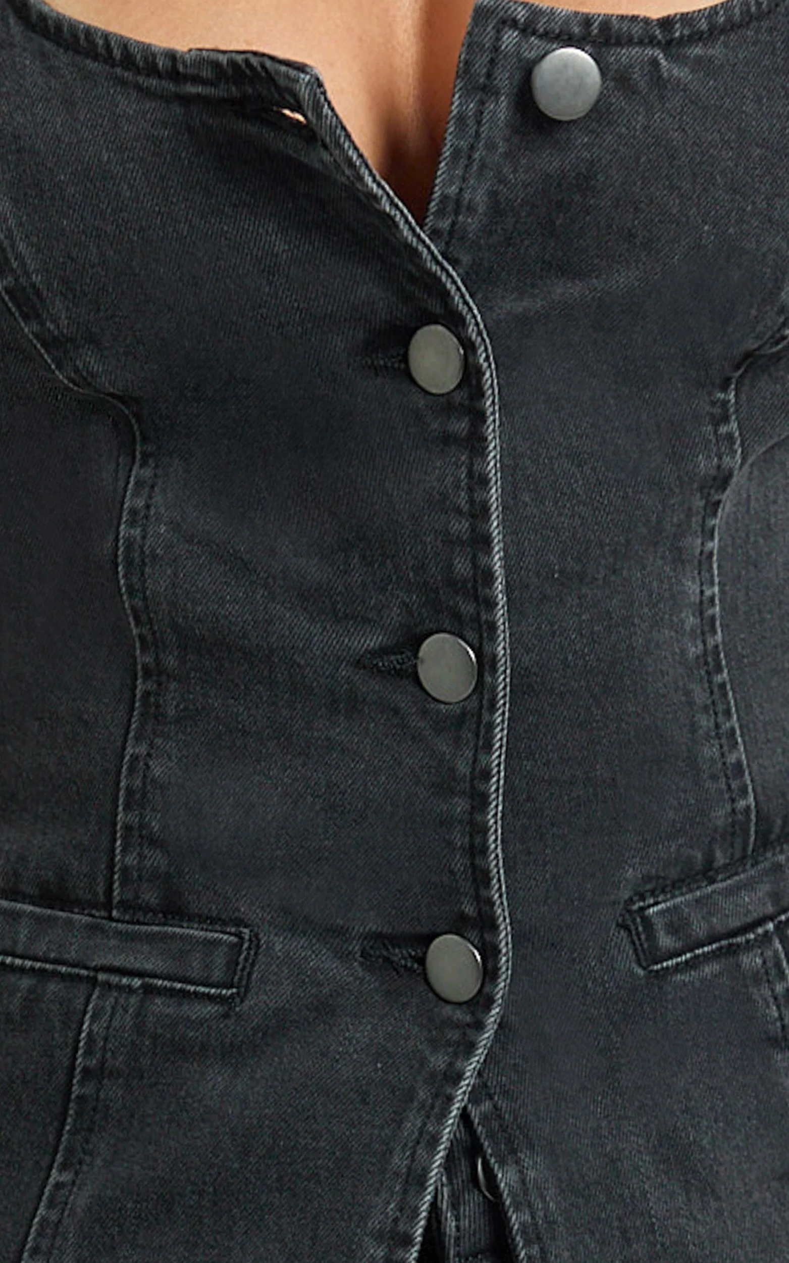 Raquel Top - Denim Scoop Neck Button Down Vest in Washed Black - Image 6