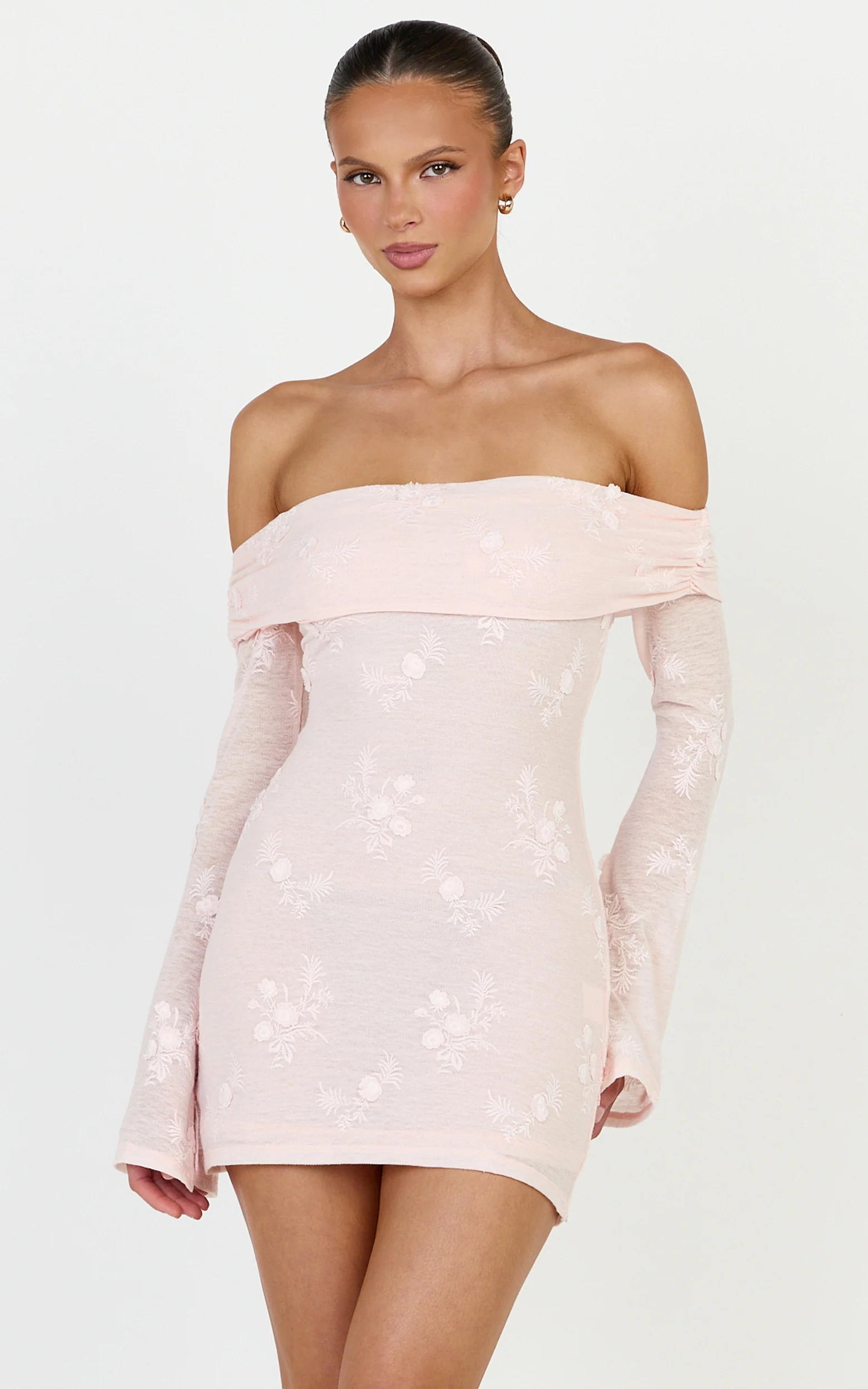 Raymond Mini Dress - Off Shoulder Long Sleeve Fitted Dress in Pink - Image 2