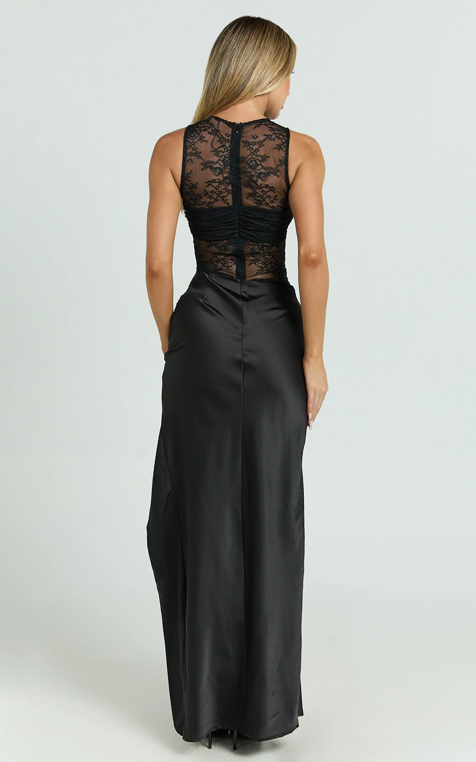 Reeves Maxi Dress - Contrast Lace High Neck Fitted Satin Dress in Black - Image 6