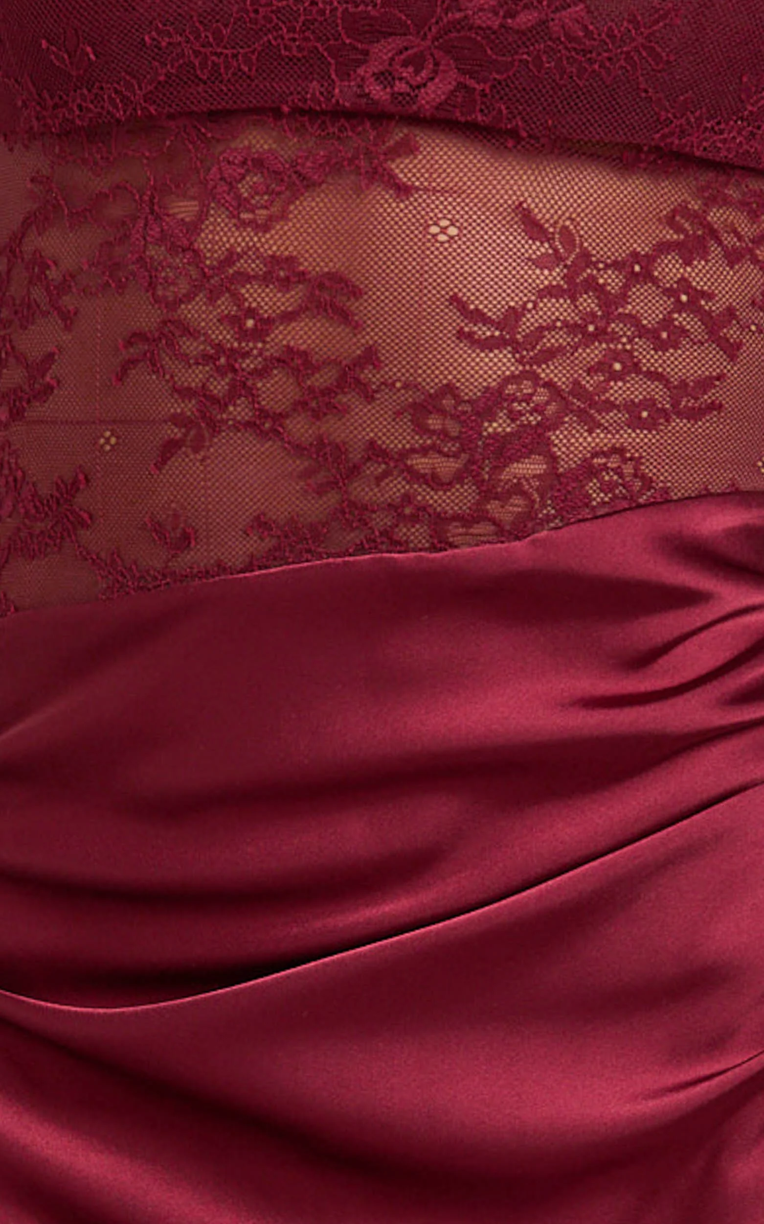 Reeves Maxi Dress - Contrast Lace High Neck Fitted Satin Dress in Wine - Image 6