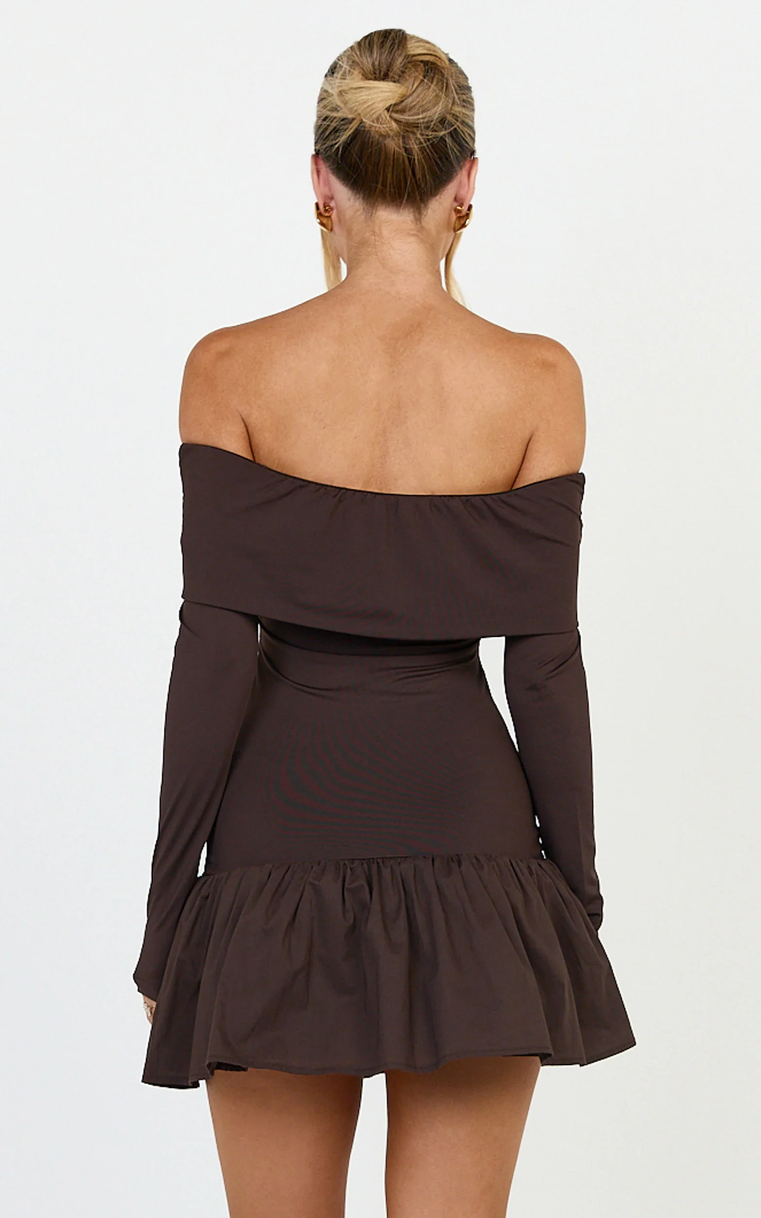 Remi Mini Dress - Mixed Media Overlay Detail Off-shoulder Long Sleeve Dropped Waist Mini Dress in Chocolate - Image 5