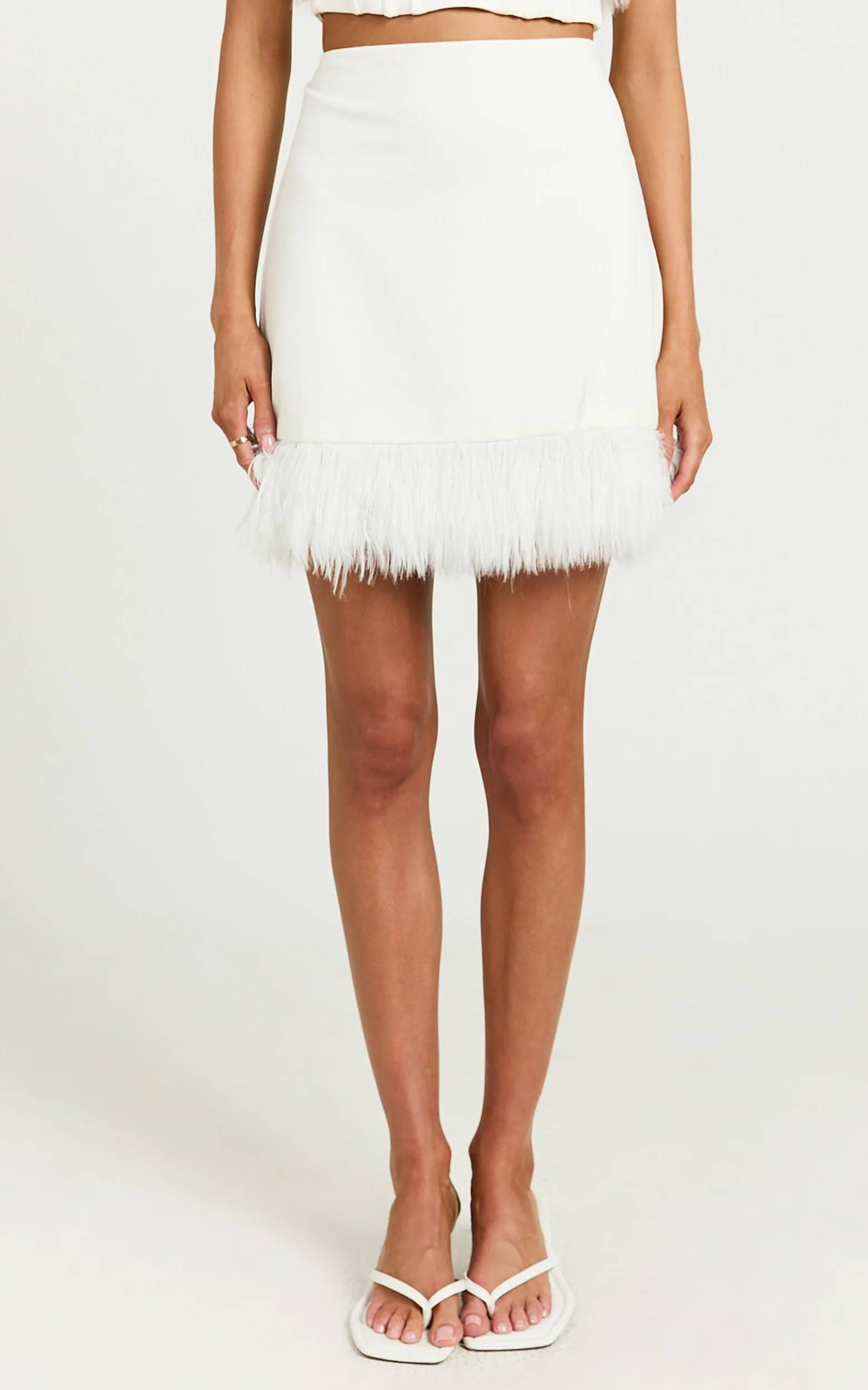 Rhaiza Mini Skirt - Faux Feather Trim High Waisted Skirt in White - Image 9