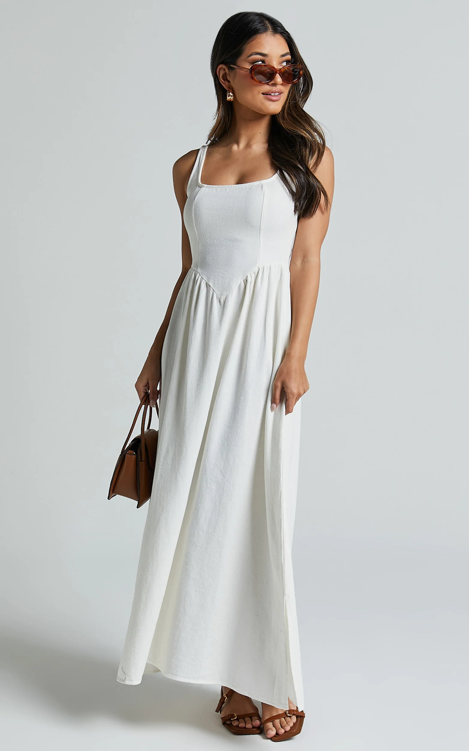 Rhaziya Midi Dress - Sleeveless Straight Neck Fit and Flare Dress in White - Image 3