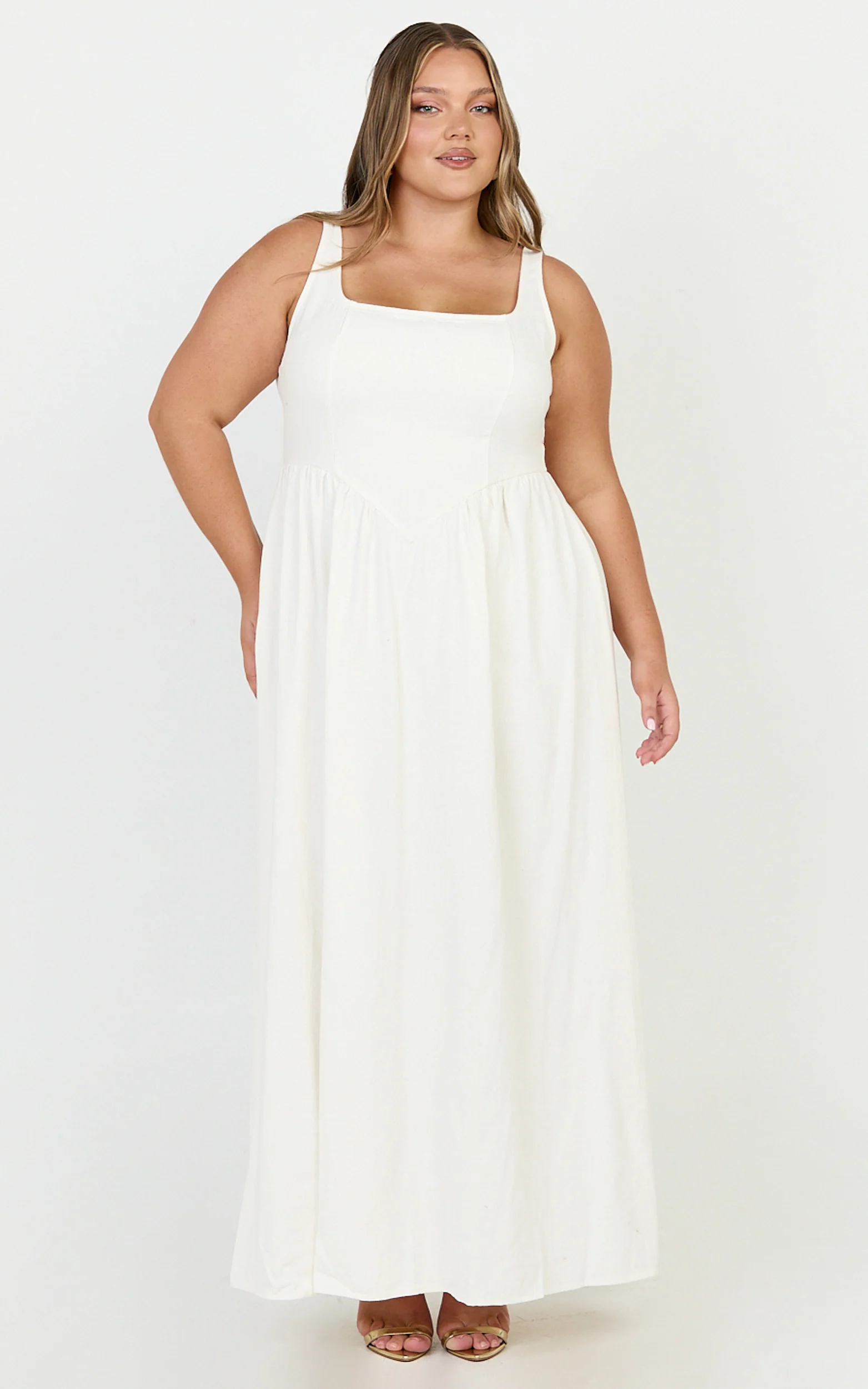 Rhaziya Midi Dress - Sleeveless Straight Neck Fit and Flare Dress in White - Image 4