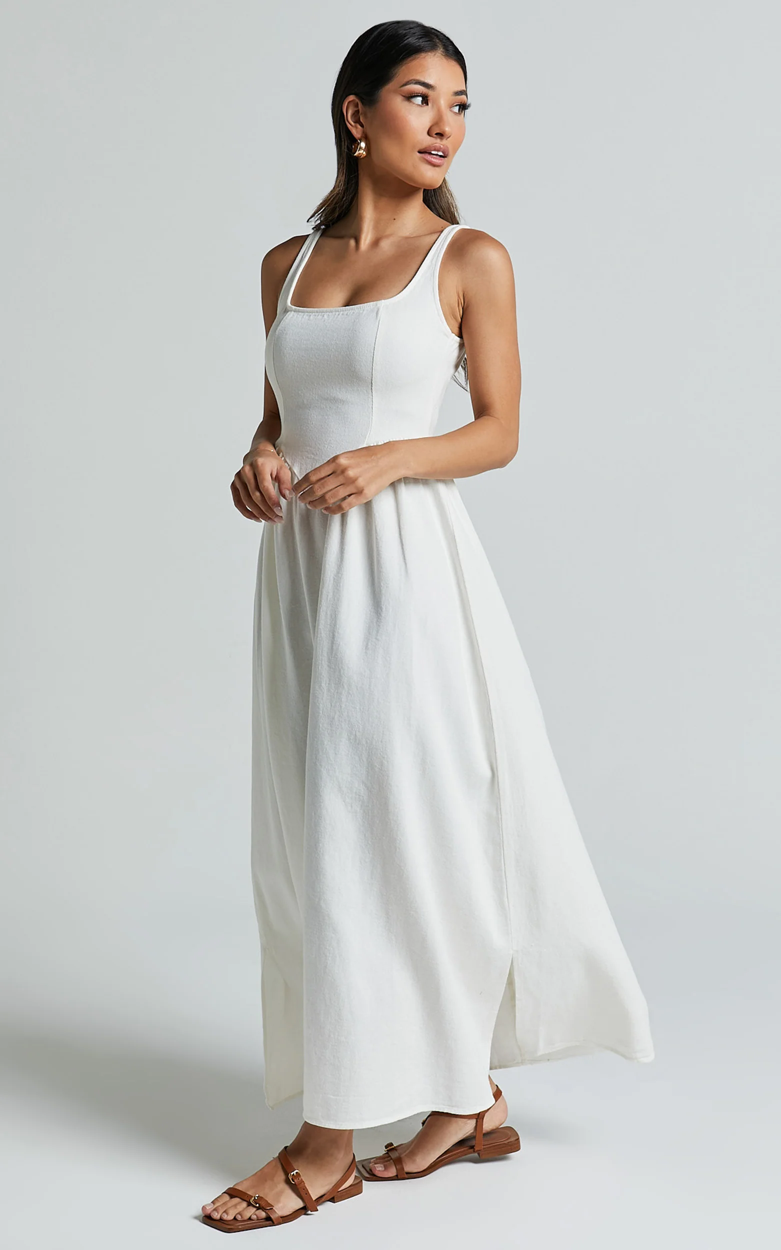 Rhaziya Midi Dress - Sleeveless Straight Neck Fit and Flare Dress in White - Image 5