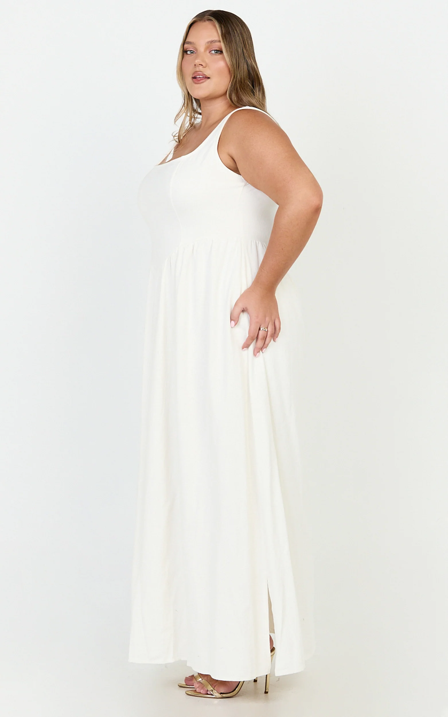 Rhaziya Midi Dress - Sleeveless Straight Neck Fit and Flare Dress in White - Image 6