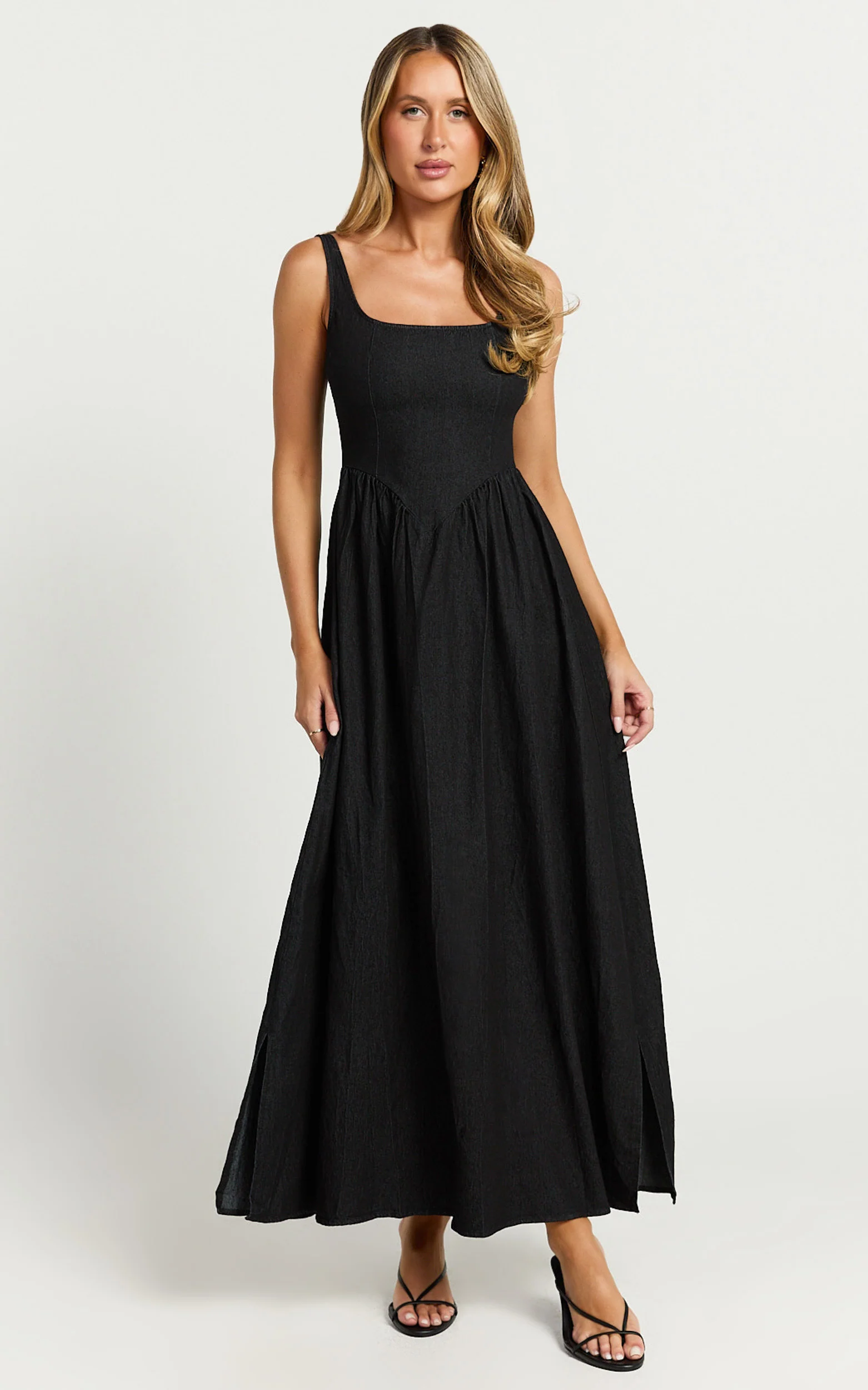 Rhaziya Midi Dress - Sleeveless Straight Neck Fit and Flare Dress in Black - Image 3